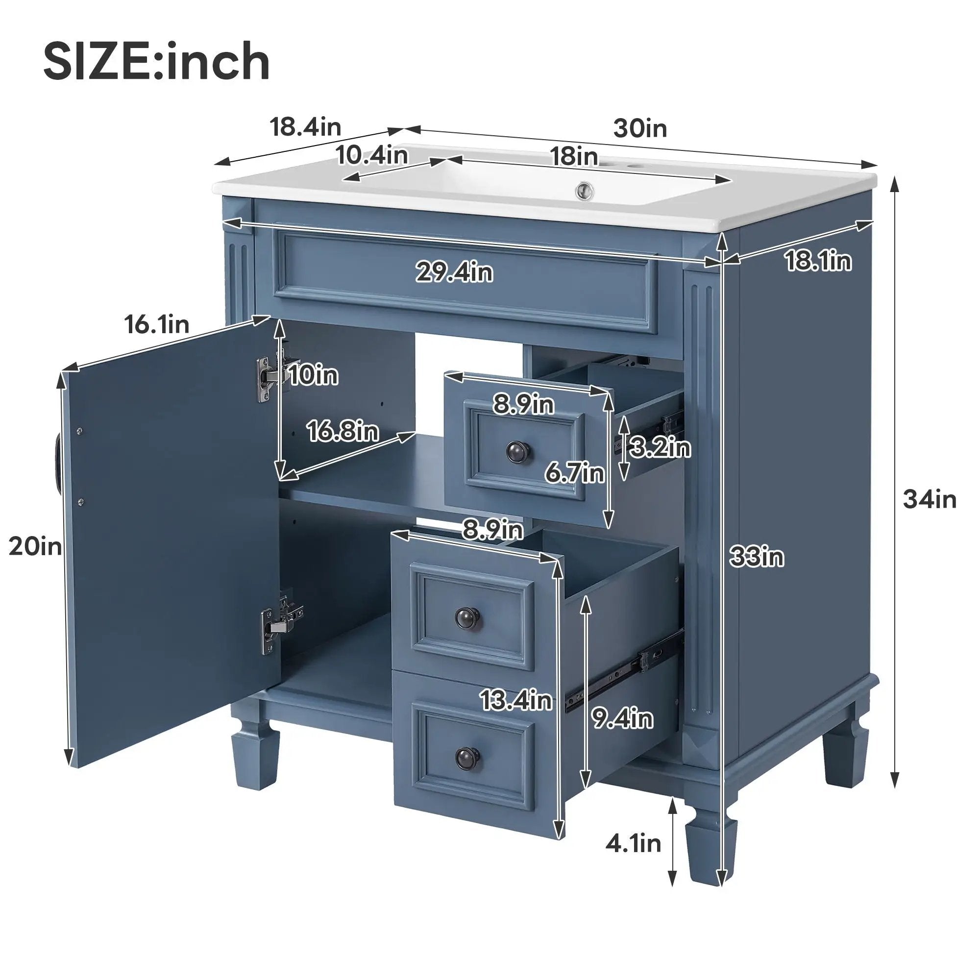 Bathroom Vanity With Sink, Cabinet With 2 Drawers And Adjustable Shelf by Unique Piece Furniture