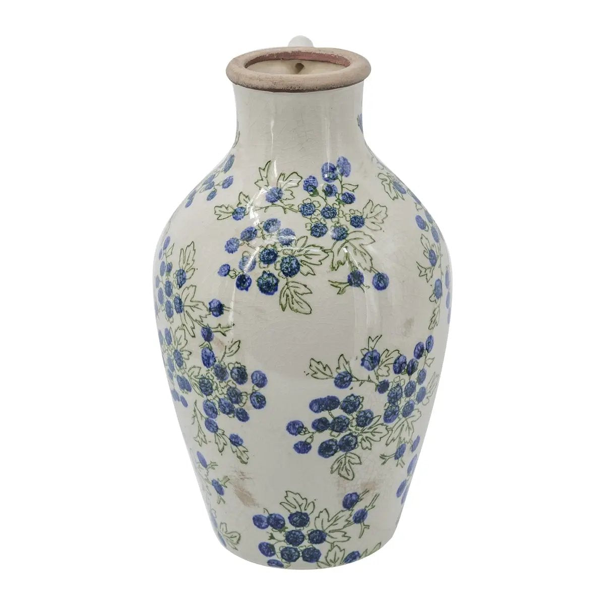 7.5x7.3x12" White Ceramic Vase with Blueberry Motif by HouseOfZazla