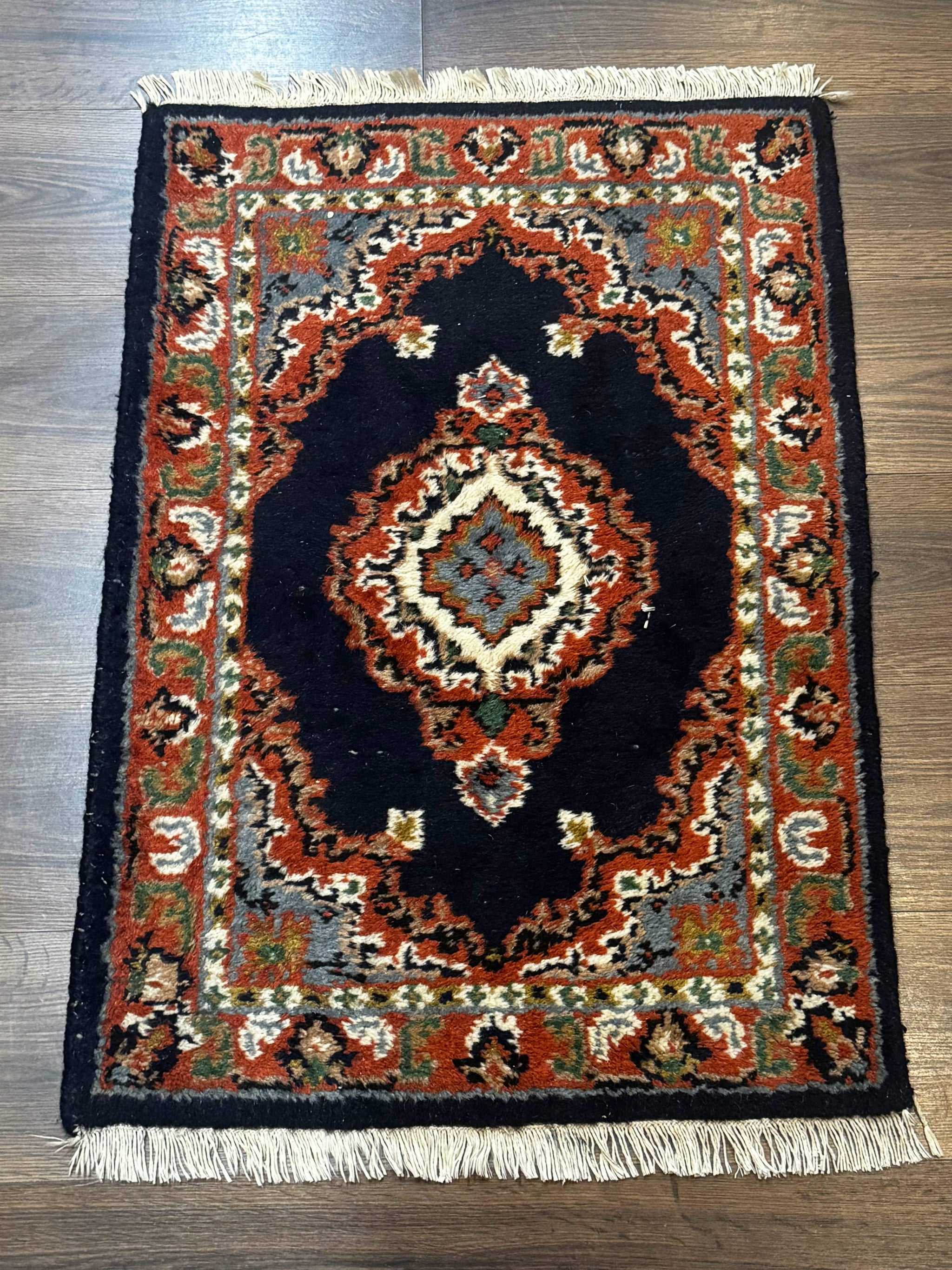 Small Indo Persian Rug 2x3, Navy Blue & Terracotta, Wool, Handmade by Jewel Rugs