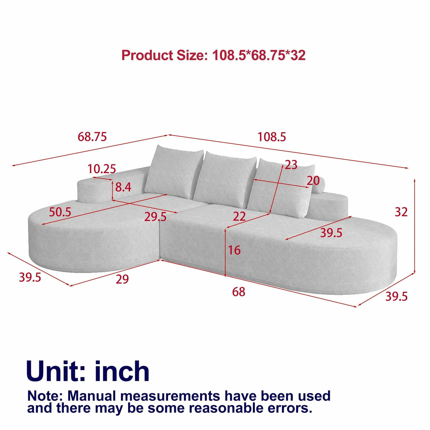 Modern Curved Sofa, L-Shaped Modular Sectional Set With 3 Pillows by HouseOfZazla