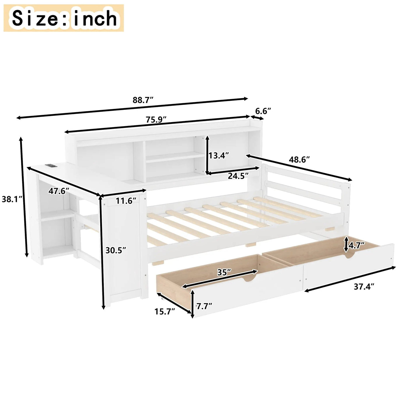 Corner Daybed With Storage Drawers, Desk, Charging Port & Bookcase by HouseOfZazla