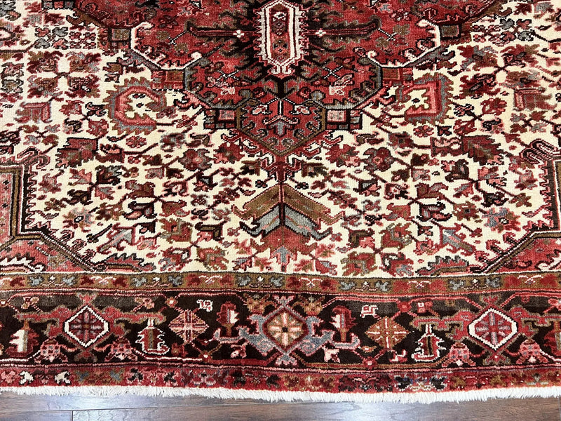 Large Persian Heriz Rug 10x13, Red and Cream Geometric Tribal Room Sized Handmade Wool Hand Knotted Semi Antique Decorative Oriental Carpet by Jewel Rugs