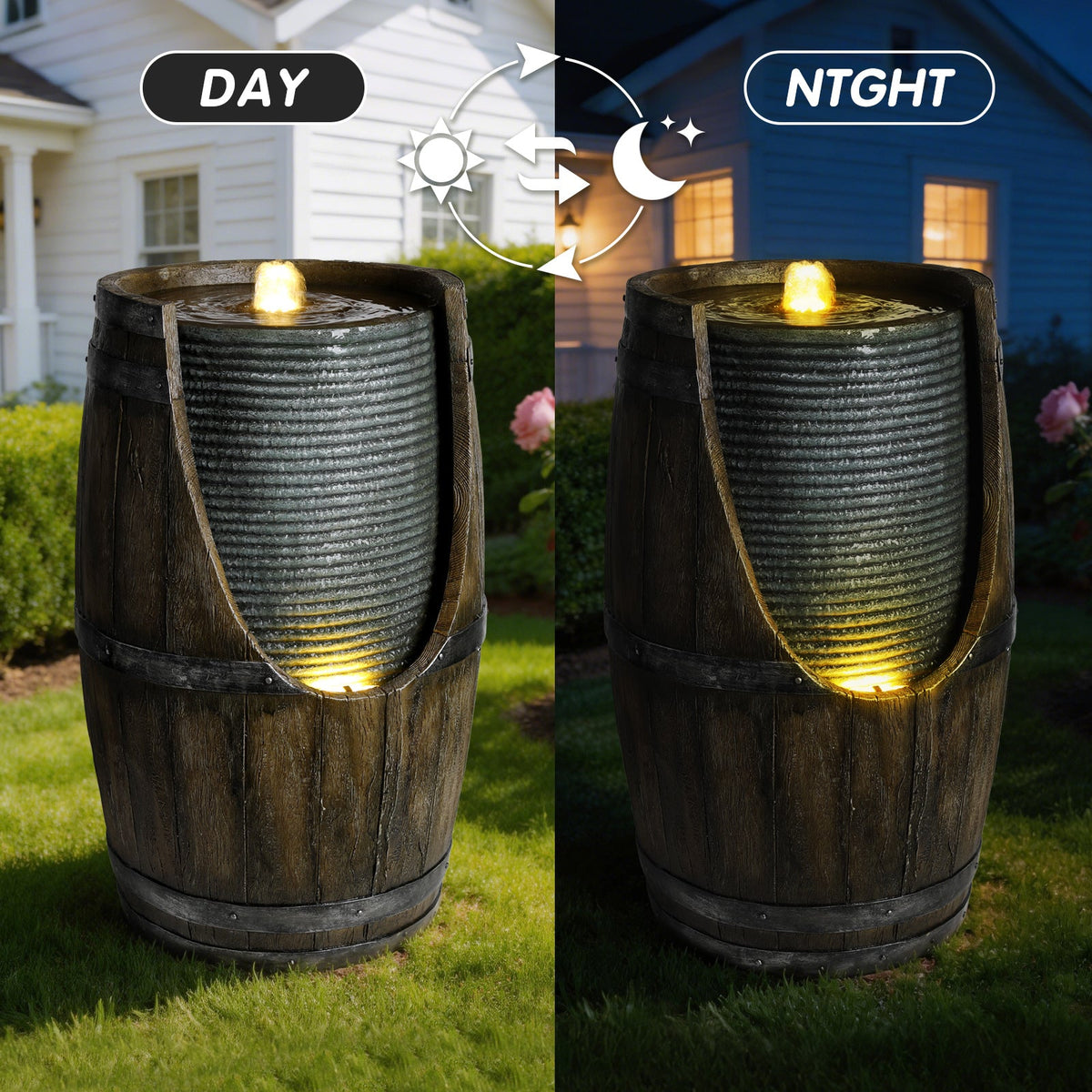 Resin Rustic Barrel Outdoor Water Fountain 24 Inch LED, photo 3 of 10