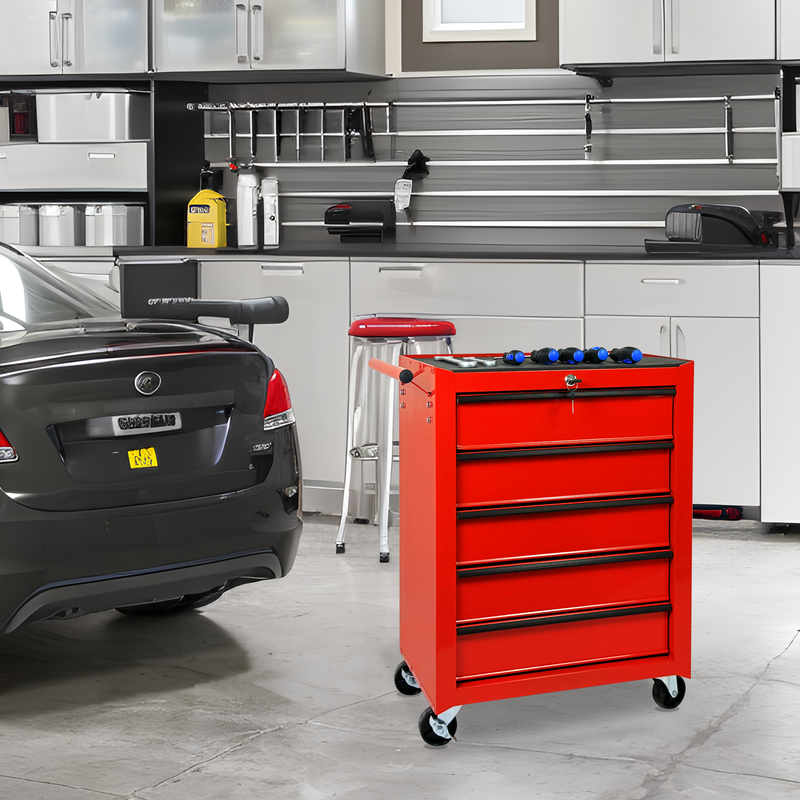 Rolling Metal Tool Chest with 5 Drawers, 20" Steel Cabinet - Red by HouseOfZazla