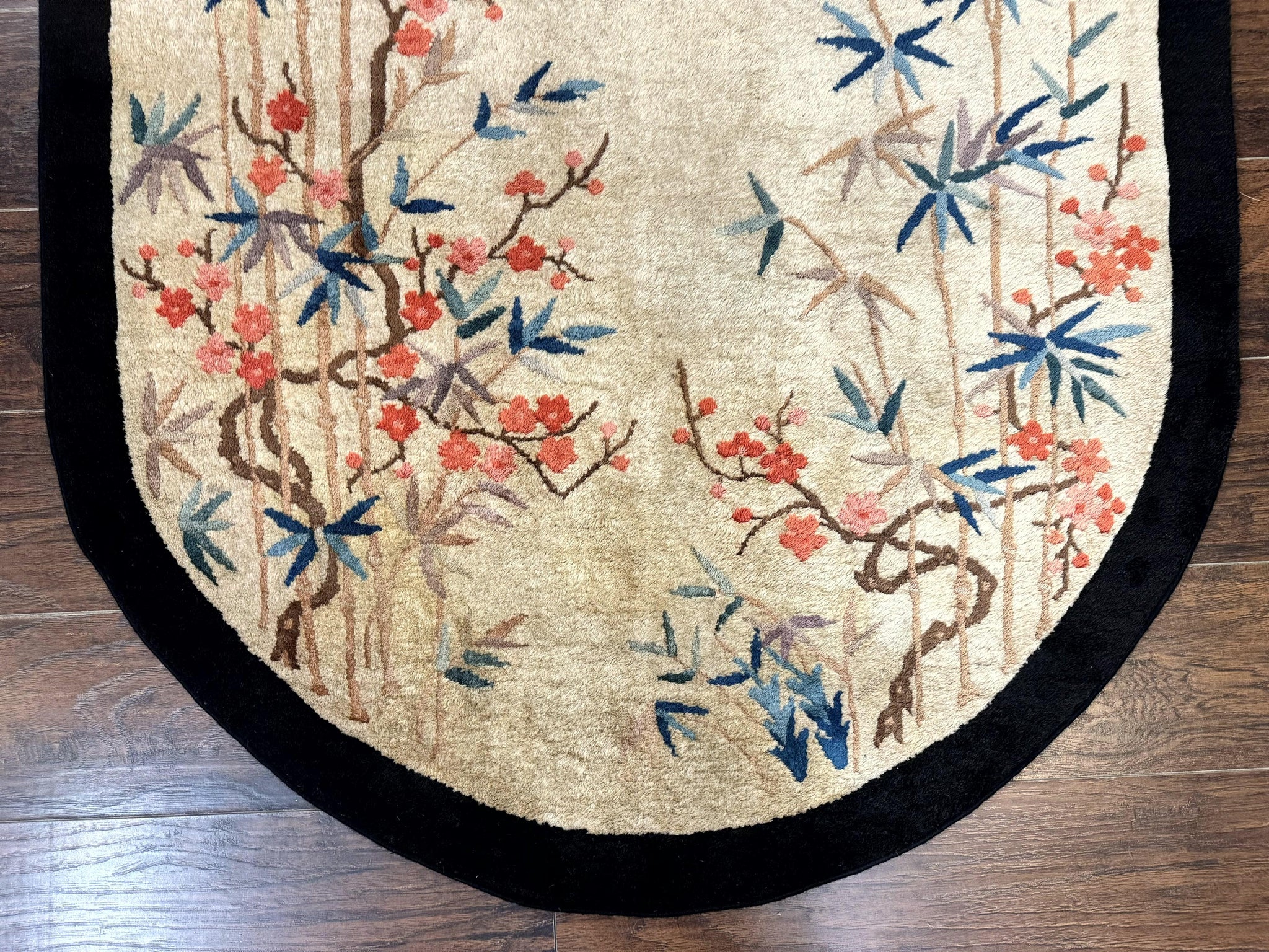 Antique Chinese Oval Rug 3.9 x 6.7, Floral, Butterflies, Chinese Wool Art Deco Peking Carpet, Beige, Handmade by Jewel Rugs