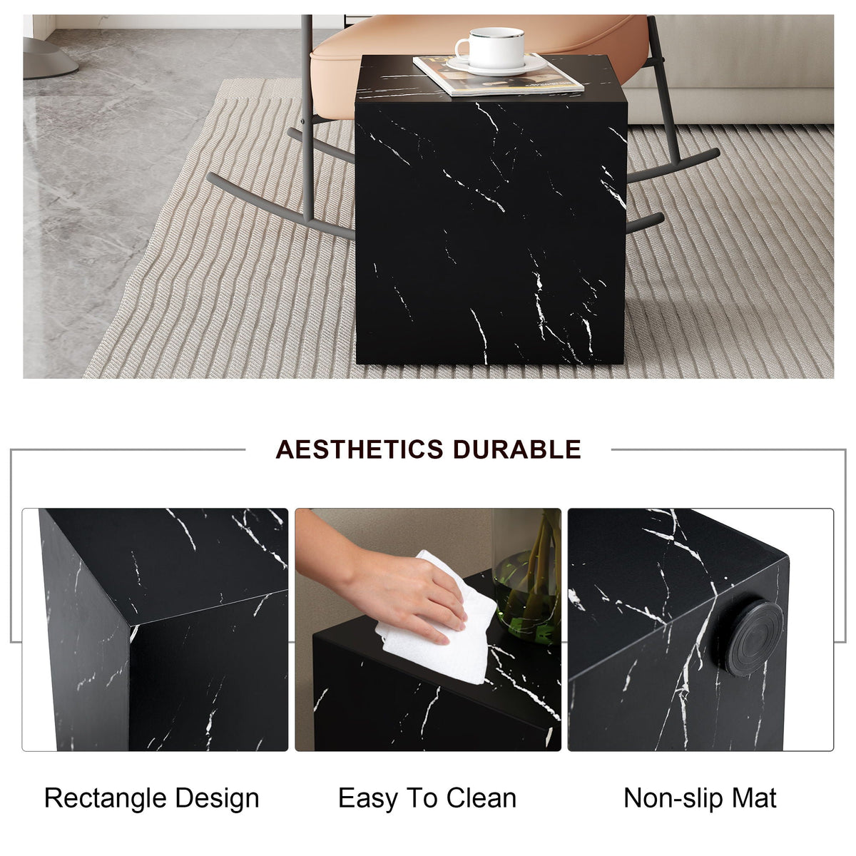 Marble Texture Coffee Table Cube Design with No Assembly - Black, photo 6 of 9