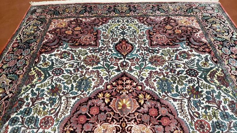 Indian Kashmiri Silk Rug 6x10, Ivory, Floral Medallion by Jewel Rugs