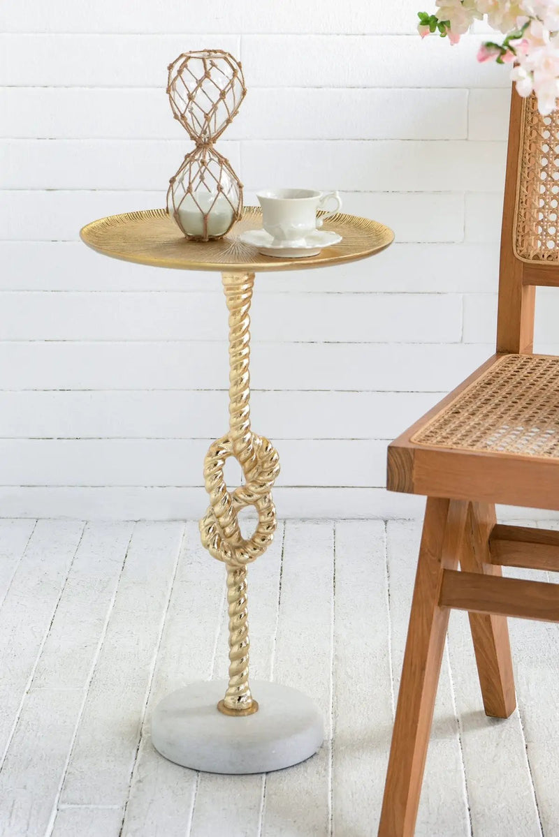 13.8x13.8x24 Gold Side Table with Rope Knot Design and White Marble Base by HouseOfZazla
