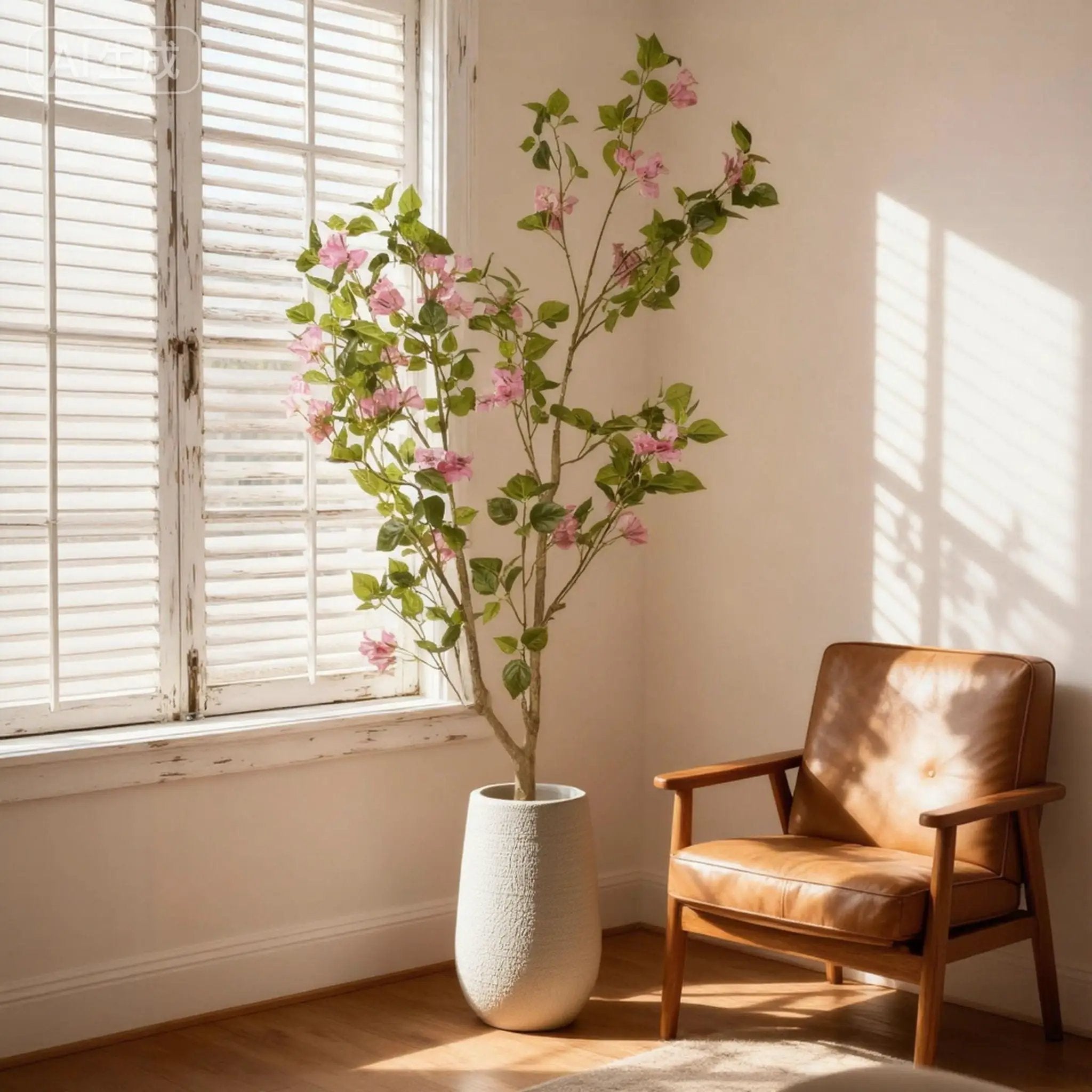 Artificial Bougainvillea Tree, Realistic Faux Plant In Pot, Indoor Decor For Home - Baby Pink / Green Leaf by HouseOfZazla