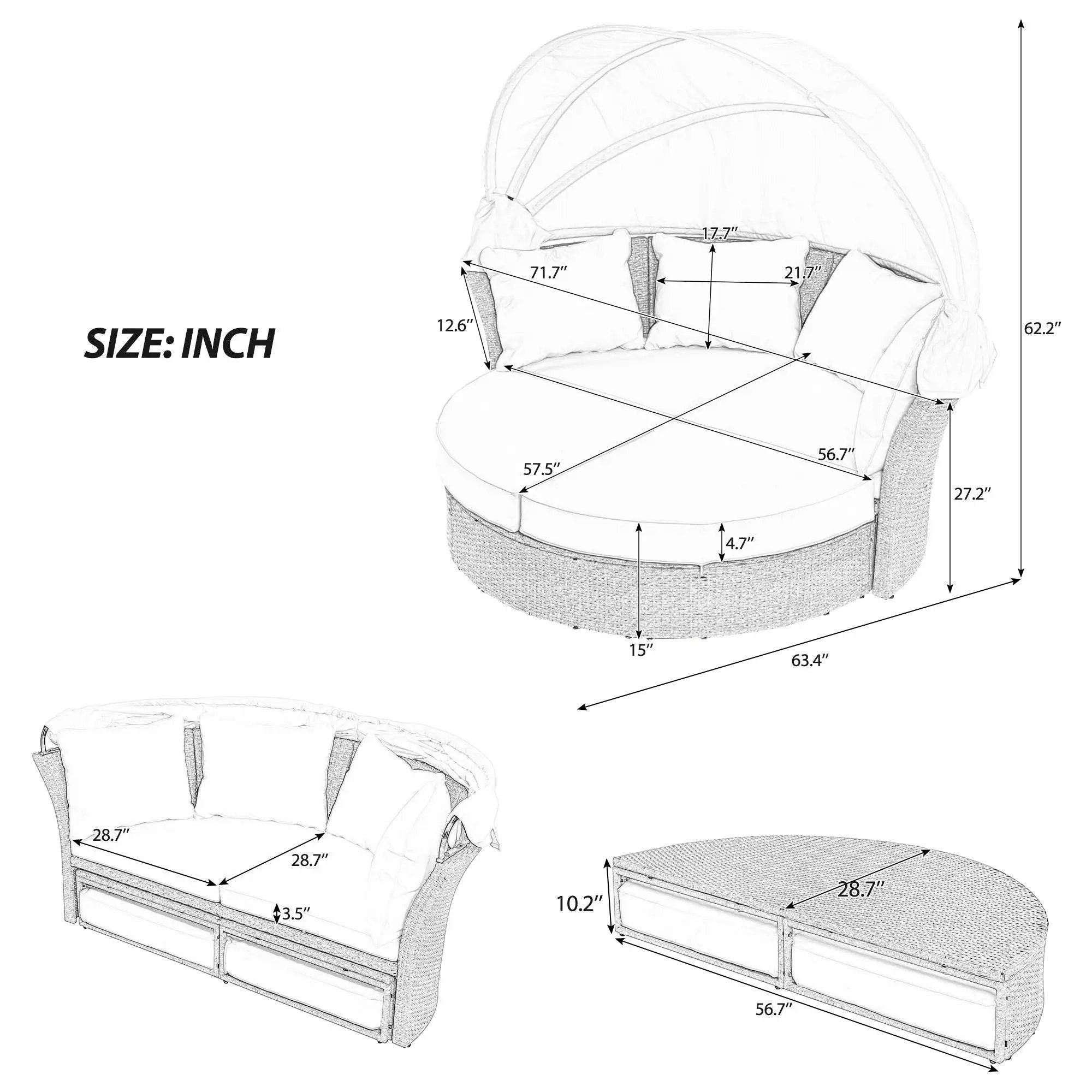 Outdoor Patio Daybed Wicker Rattan Double Daybed Round Sofa Furniture Set With Retractable Canopy, 4 Pillows For Lawn Garden by HouseOfZazla