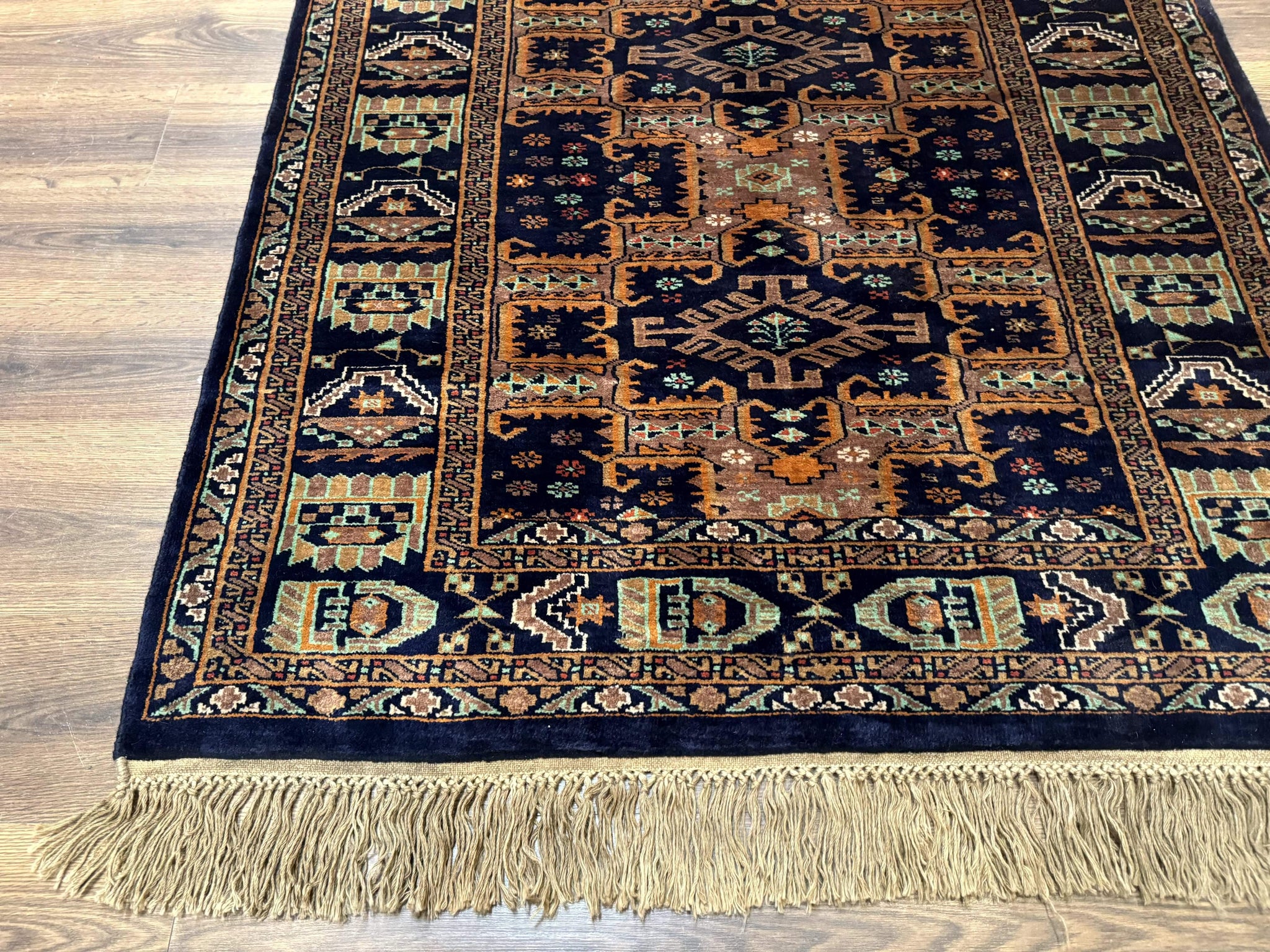 Vintage Afghan Rug 4x6, Navy Blue and Light Brown, Geometric Medallions, Wool on Wool, Tribal Rug by Jewel Rugs