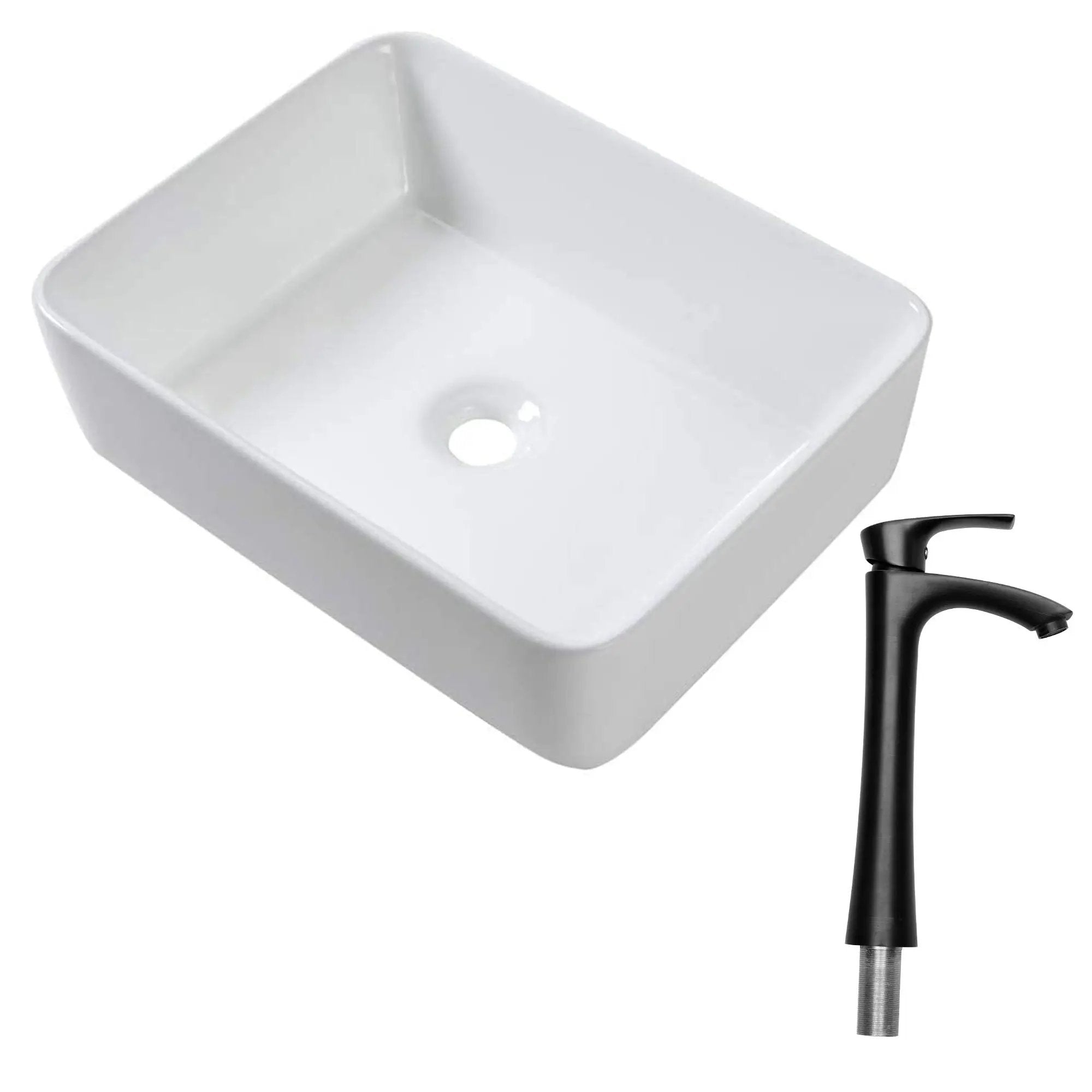 19" 5" Bathroom Sink Combo Rectangular Vessel Vanity Set With Faucet Drop In Ready Ceramic Basin - White / Black by HouseOfZazla