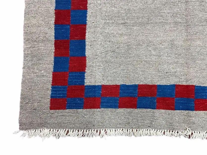 Gray Turkish Kilim Carpet 5' 7" x 7' 7", Medium Kilim Rug, Hand-Knotted, Blue & Red Border, Minimalistic Design, Geometric, Wool, New by Jewel Rugs