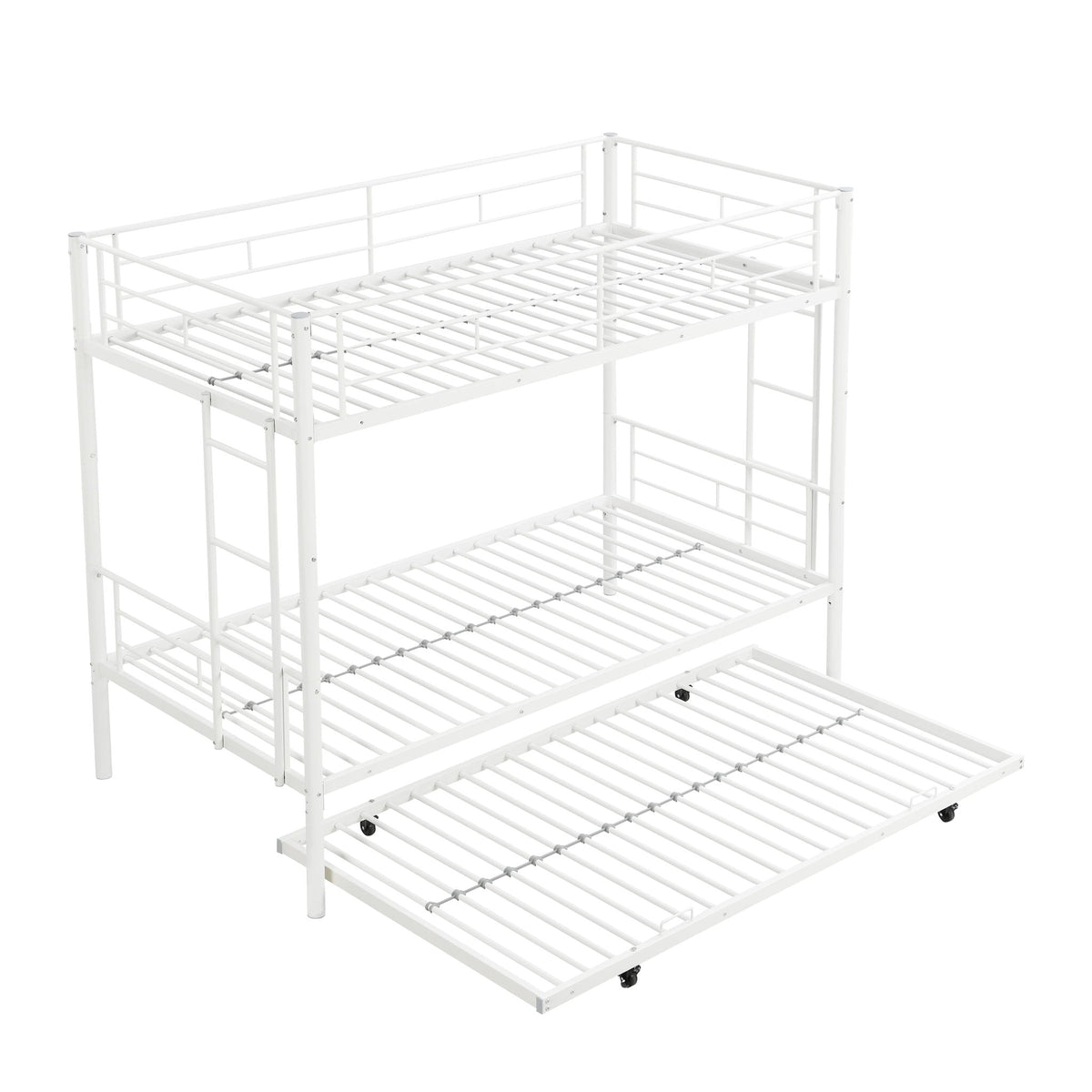 Twin Over Twin Bunk Bed with Trundle - Sturdy Metal Frame - Pearl Silver, White, or Pink, photo 16 of 39