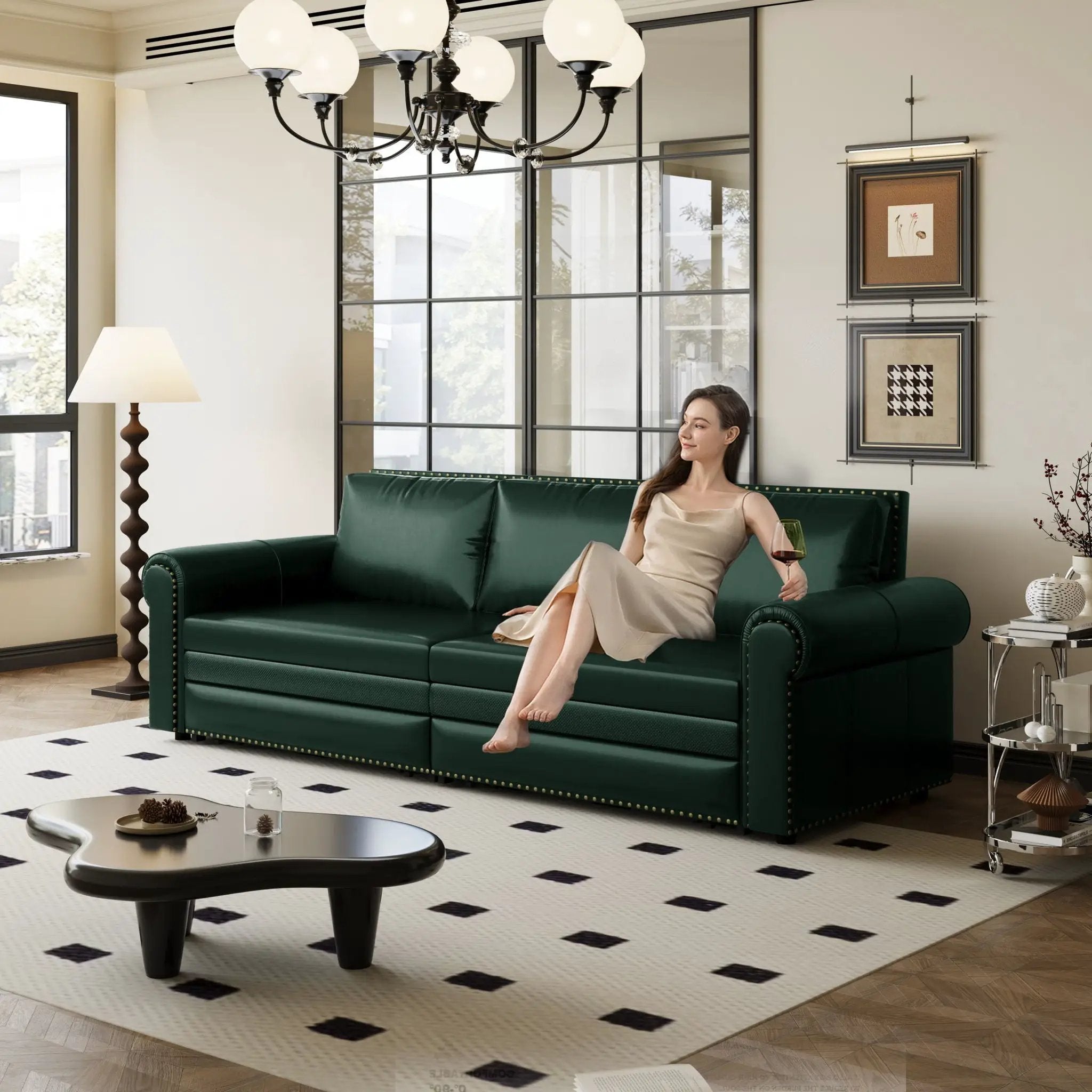 3 In 1 Convertible Sleeper Sofa With Nailhead Trim & Rolled Arm