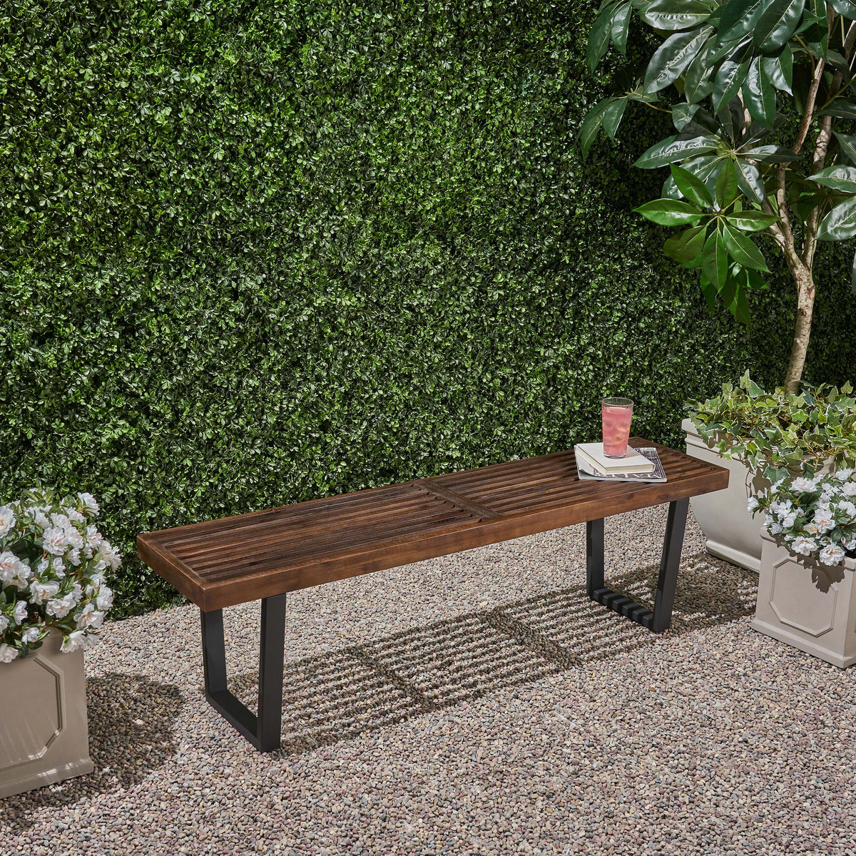 Modern Acacia Wood Patio Dining Bench with Iron Legs - Natural Wood/Iron, photo 4 of 9