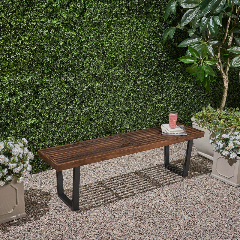 Modern Acacia Wood Patio Dining Bench with Iron Legs - Natural Wood/Iron, photo 4 of 9