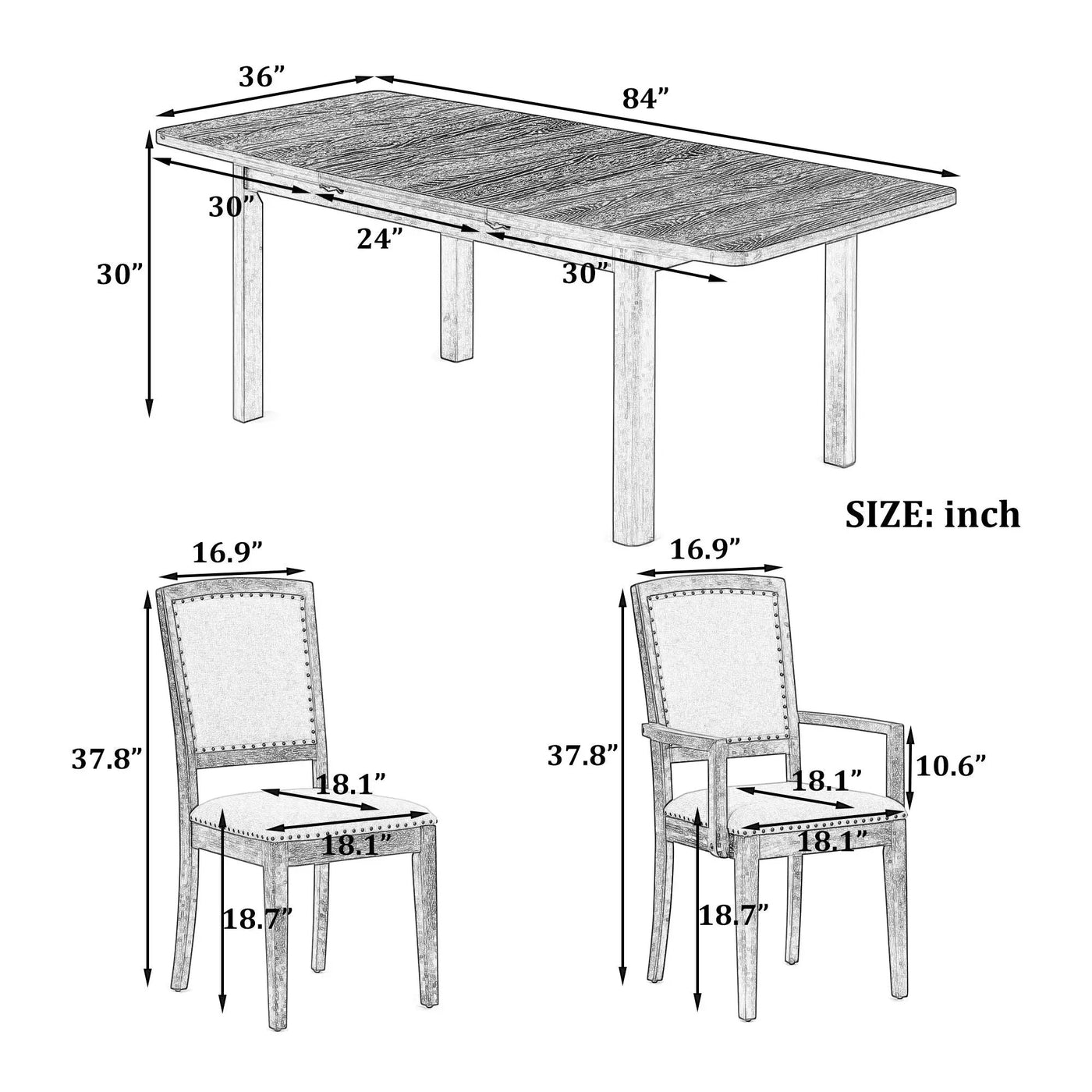 Topmax - Rustic Extendable Dining Table Set With Removable Leaf, 6 Upholstered Armless Dining Chairs And 2 Padded Arm Chairs, 9 Pieces by Unique Piece Furniture