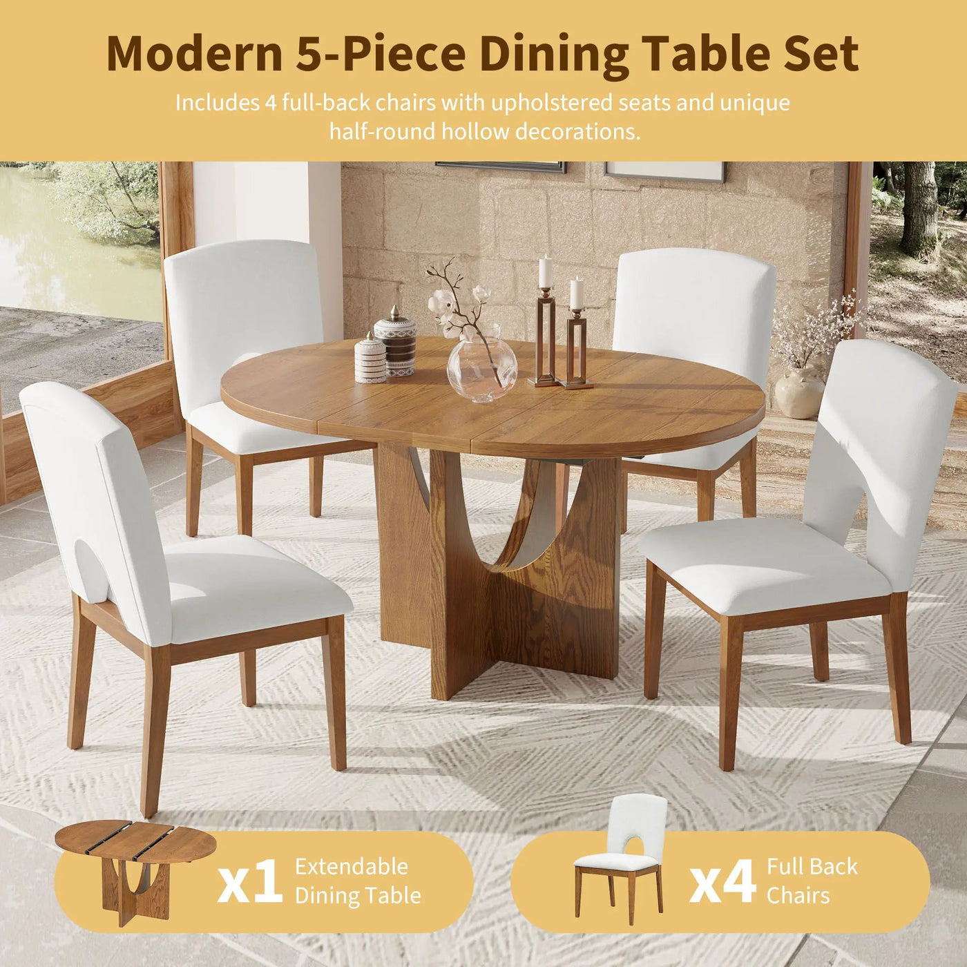 Topmax - 5 Piece Modern Extendable Round Dining Table Set With Removable Leaf For Small Places by Unique Piece Furniture