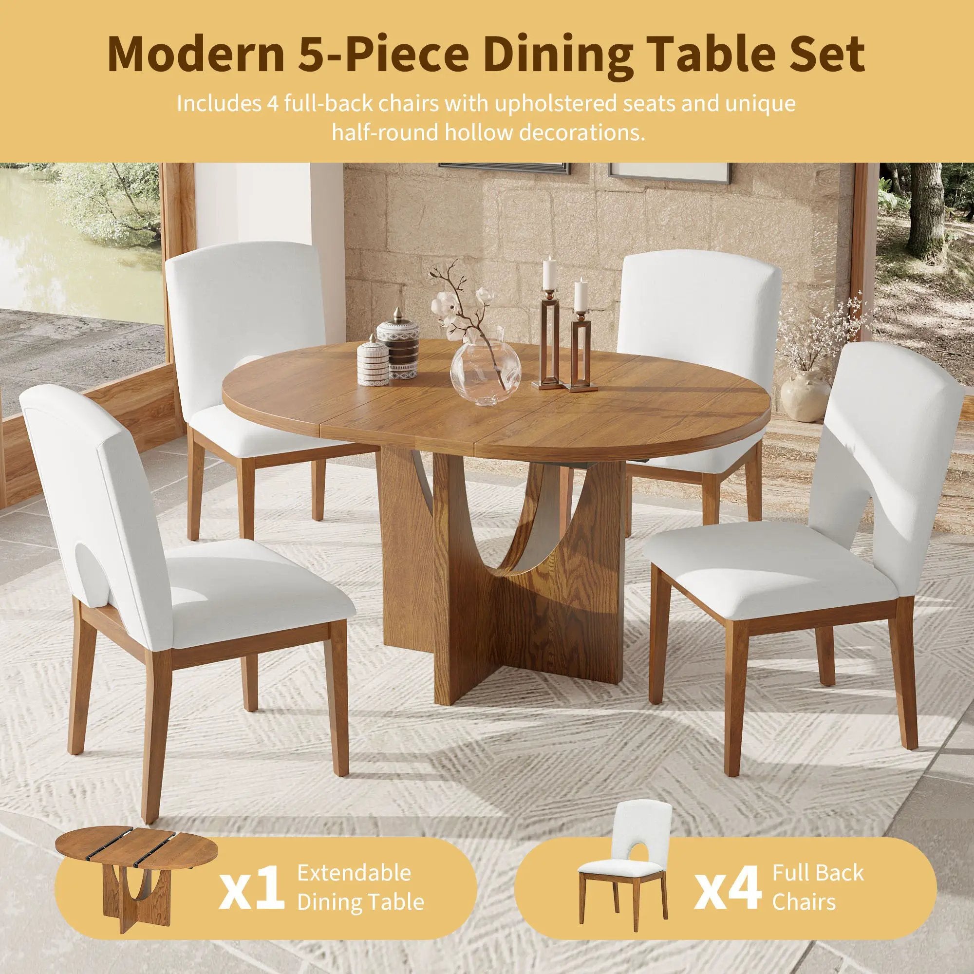 Topmax - 5 Piece Modern Extendable Round Dining Table Set With Removable Leaf For Small Places by Unique Piece Furniture