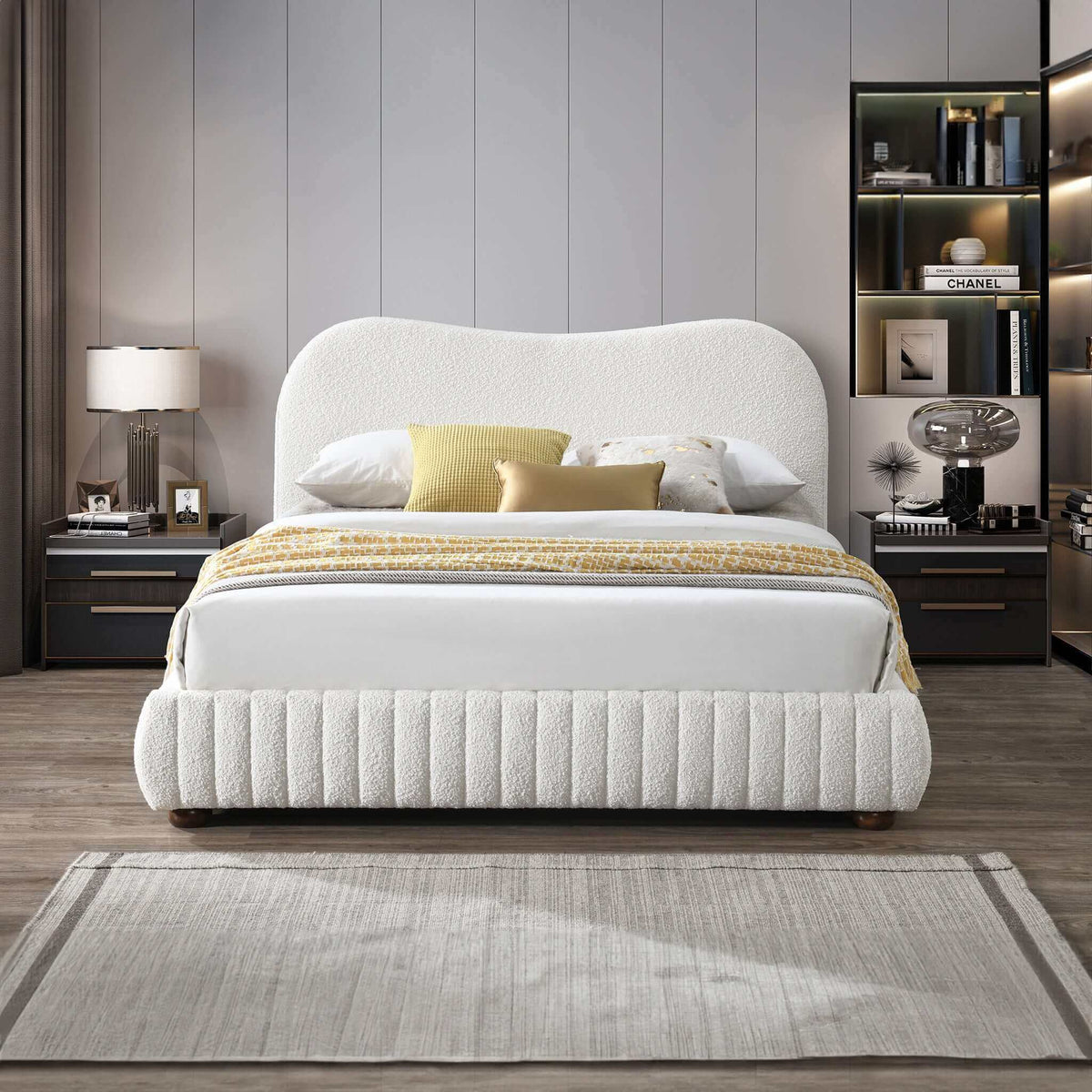 Queen Size Upholstered Low Profile Platform Bed with Boucle Fabric – Cream, photo 4 of 6