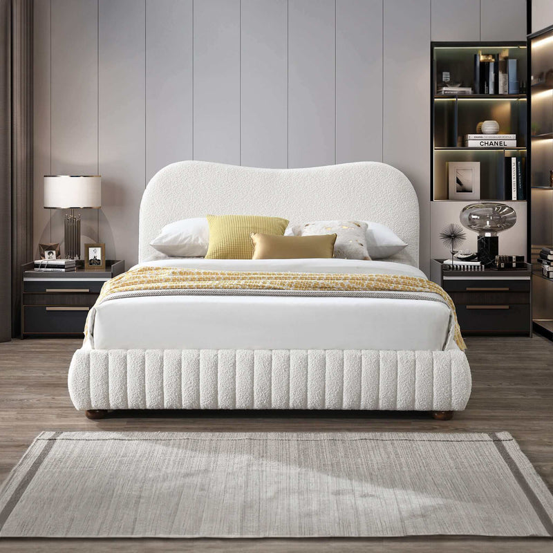 Queen Size Upholstered Low Profile Platform Bed with Boucle Fabric – Cream, photo 4 of 6