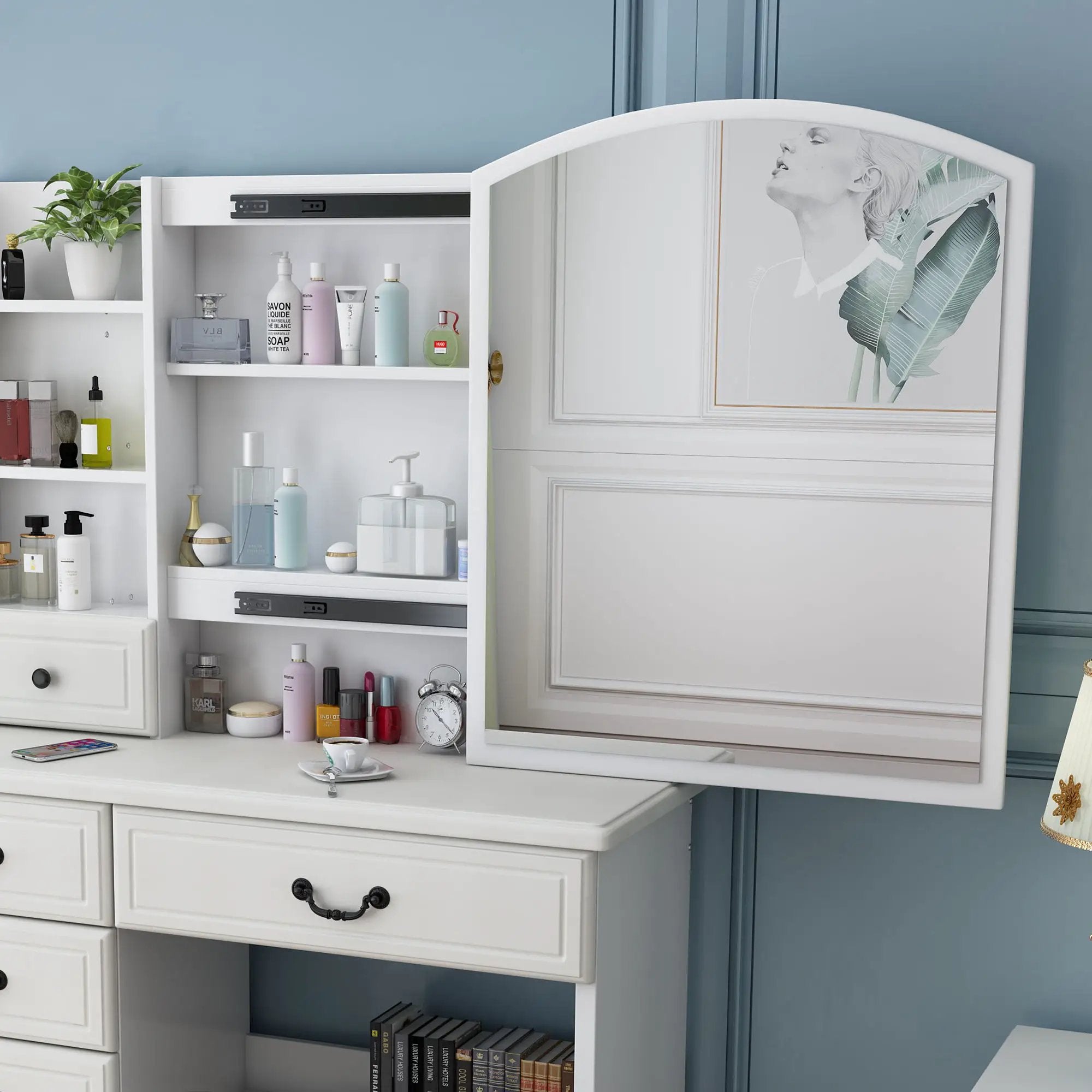 Fashion Vanity Desk With Mirror And Adjustable Lighting, 6 Drawers, 3 Color Light Modes - White by HouseOfZazla