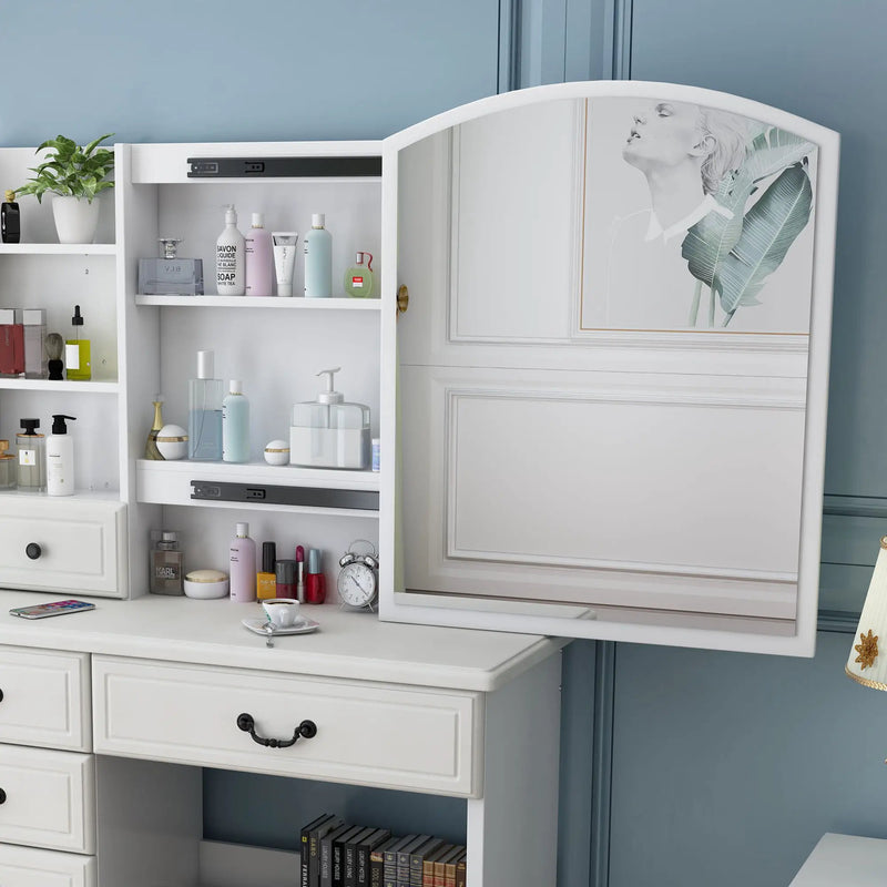 Fashion Vanity Desk With Mirror And Adjustable Lighting, 6 Drawers, 3 Color Light Modes - White by HouseOfZazla