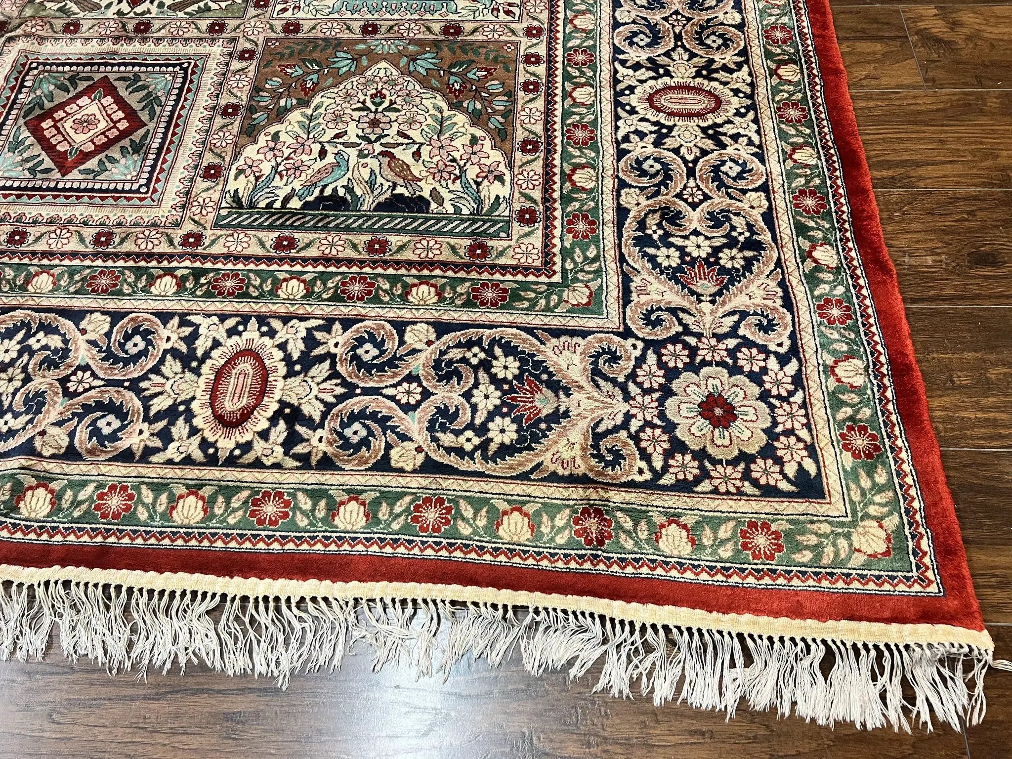 Silk Sino Persian Rug 9x12, Panel Design, Garden of Eden Pattern, Fine 200 KPSI, Hand Knotted Room Sized Silk Carpet, Vintage by Jewel Rugs