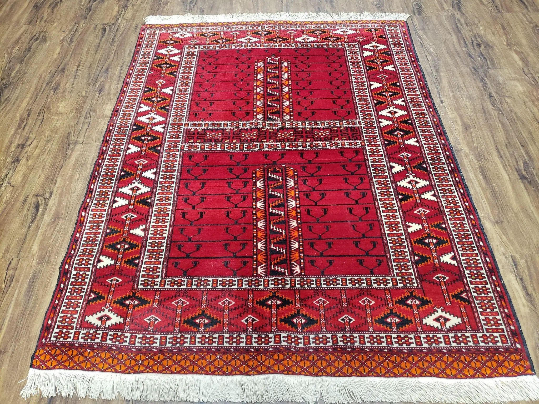 Antique Persian Turkoman Rug 4x5, Hatchli Tekkeh Ersari Red Tribal Rug, Handmade Wool Oriental Carpet, Four Seasons Rug by Jewel Rugs