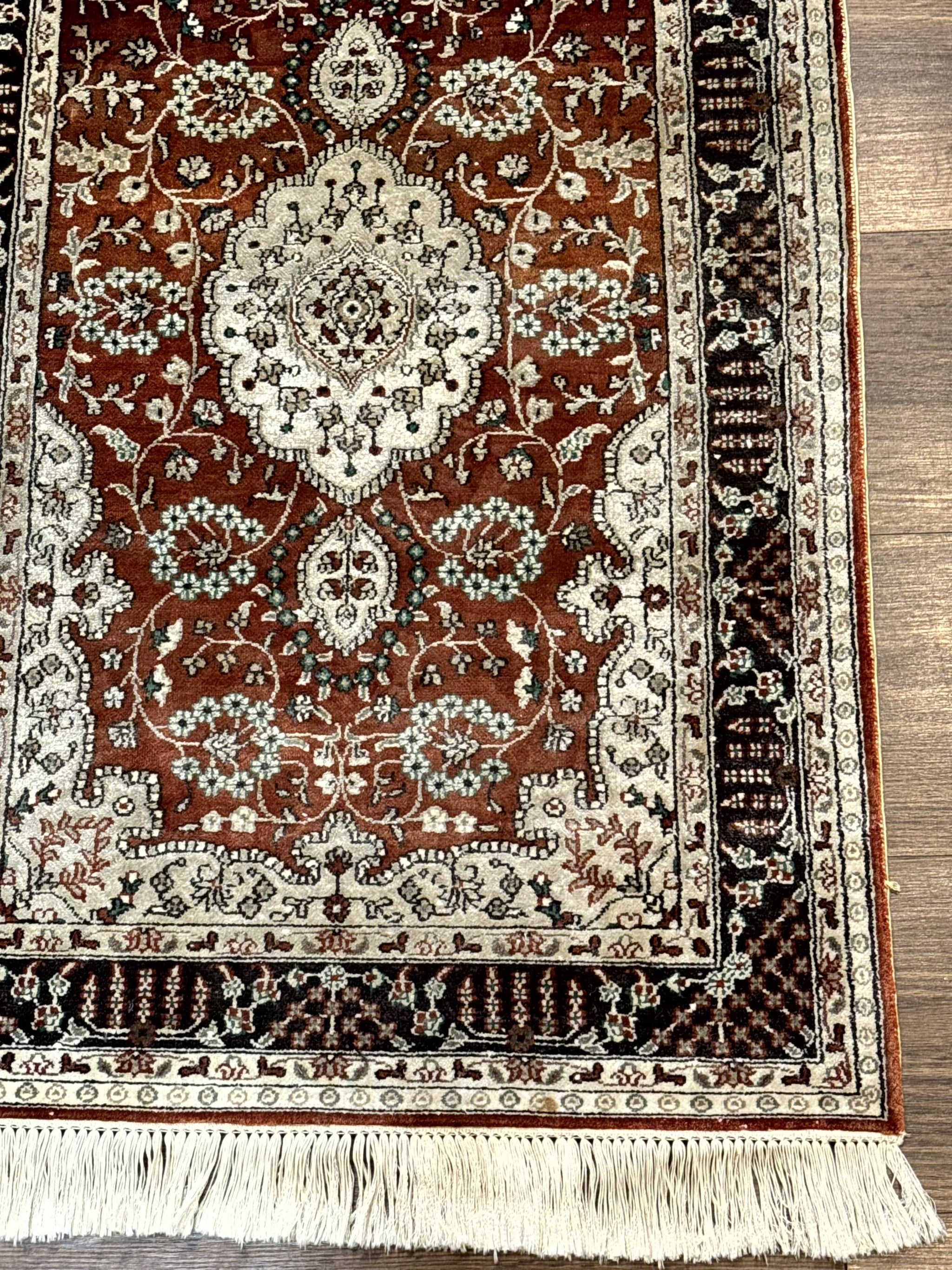 Turkish Silk Narrow Runner Rug 2 x 5.8, Very Fine 340 KPSI, Floral Medallions, Red by Jewel Rugs