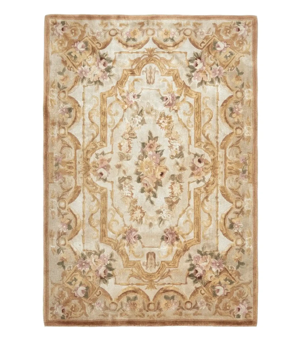 Chinese Aubusson Rug 3.6 x 5, Beige and Gold, Handmade Vintage Elegant European Design Carpet, Plush Wool, Handmade by Jewel Rugs
