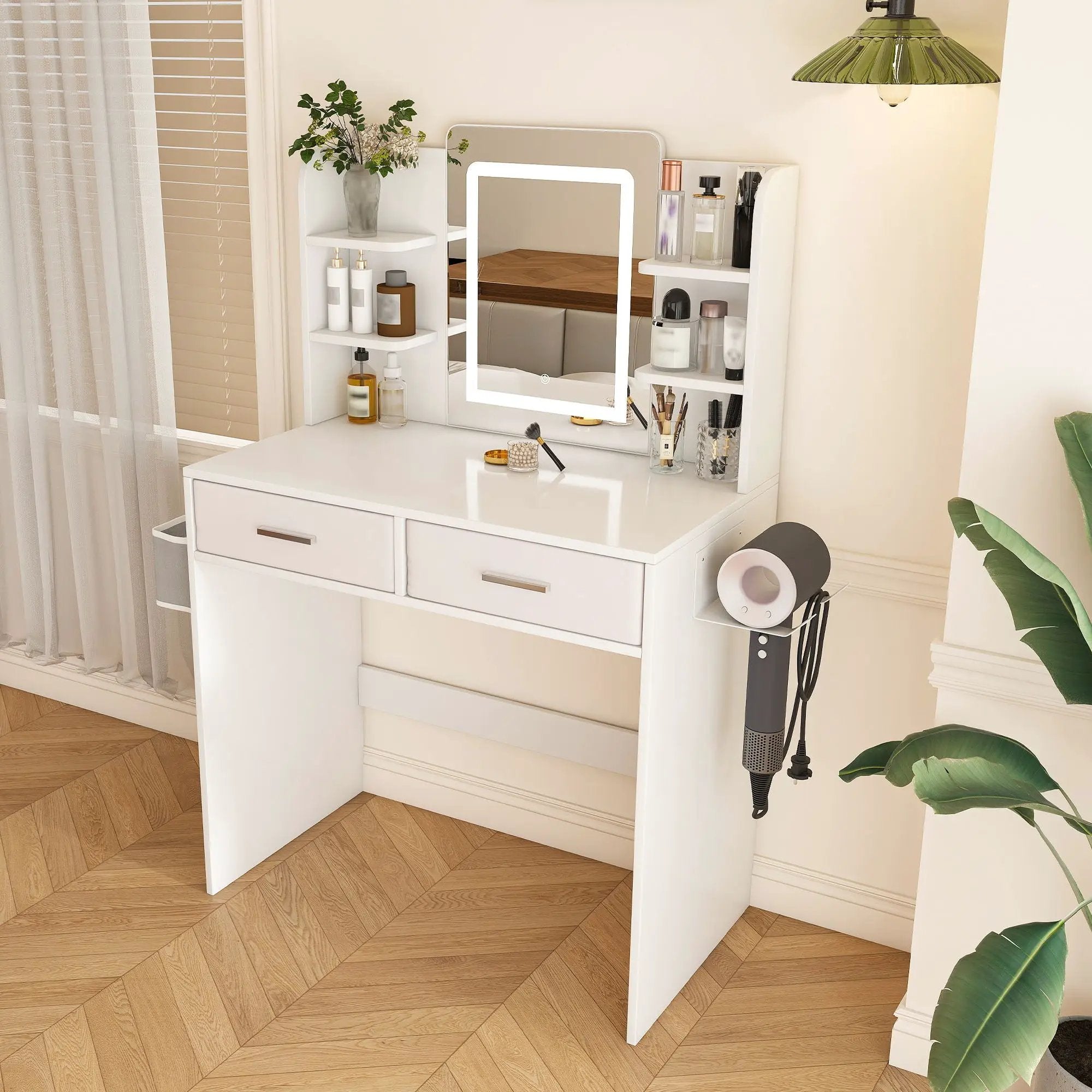 Elegant LED Mirror Vanity Dressing Table With Adjustable Lights, Drawers & Storage - White by Unique Piece Furniture