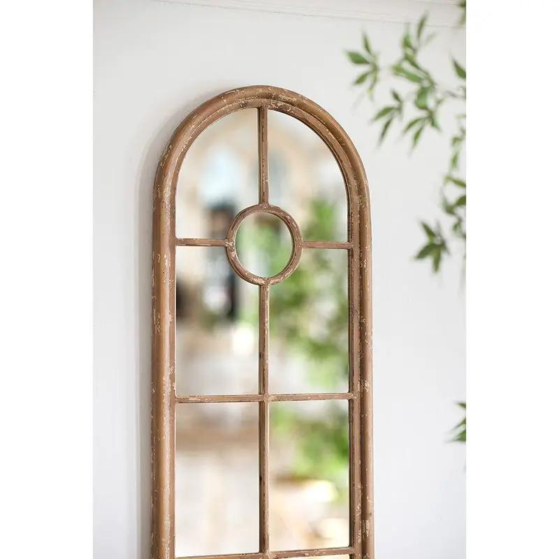 Half Round Elongated Mirror With Decorative Window Look Classic Architecture Style Solid Fir Wood Interior Decor - Brown by Unique Piece Furniture