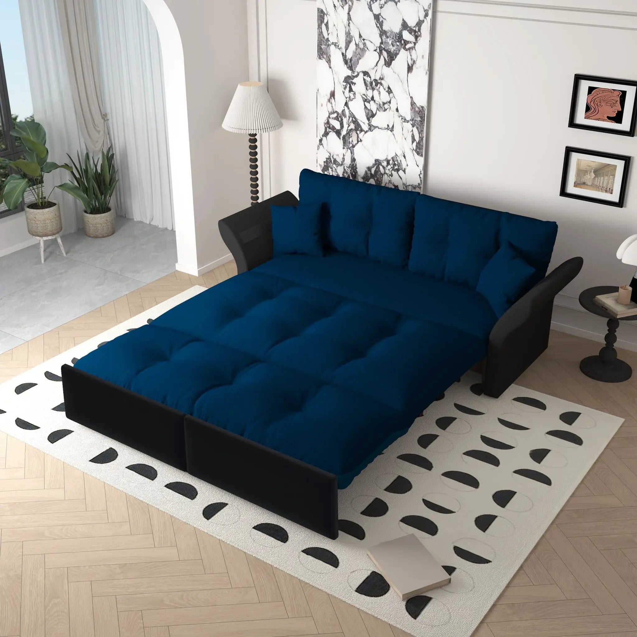 Queen Pull Out, 3 In 1 Convertible Sleeper Tufted Sofa & 2 Soft Pillows by HouseOfZazla