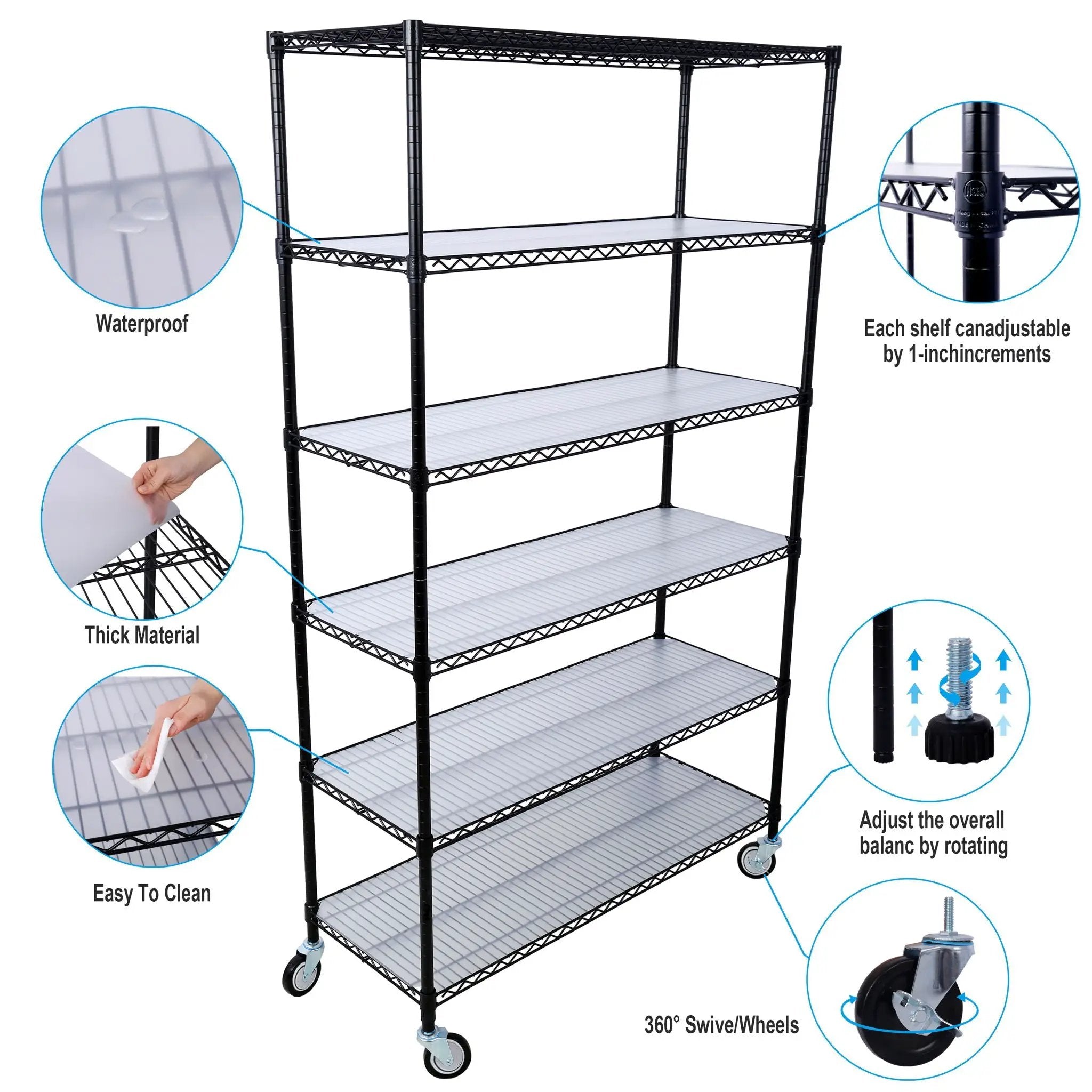 6 Tier 6000Lbs Capacity Nsf Metal Shelf Wire Shelving Unit, Heavy Duty Adjustable Storage Rack With Wheels & Shelf Liners For Commercial Grade Utility Steel Storage Rack by Unique Piece Furniture