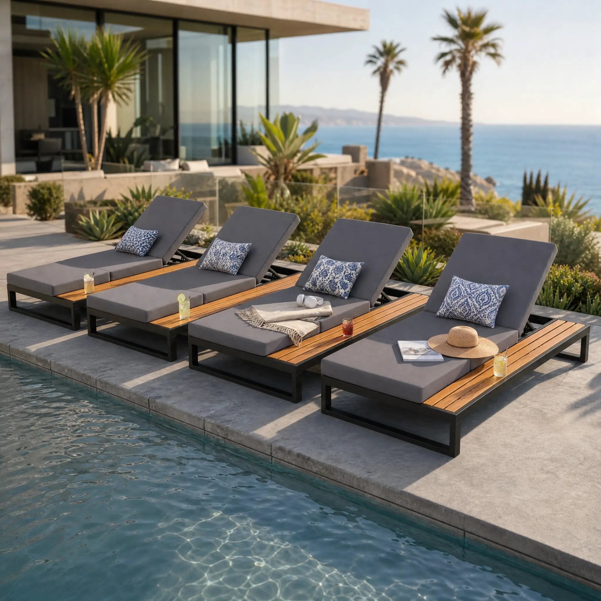 Black Iron & Teak Finish Chaise Lounge Set by HouseOfZazla