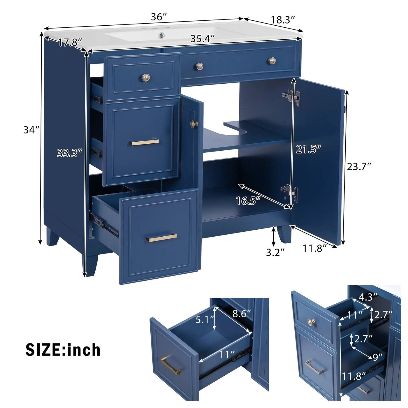 Bathroom Vanity With Sink, Soft Close Doors, Adjustable Shelves by HouseOfZazla