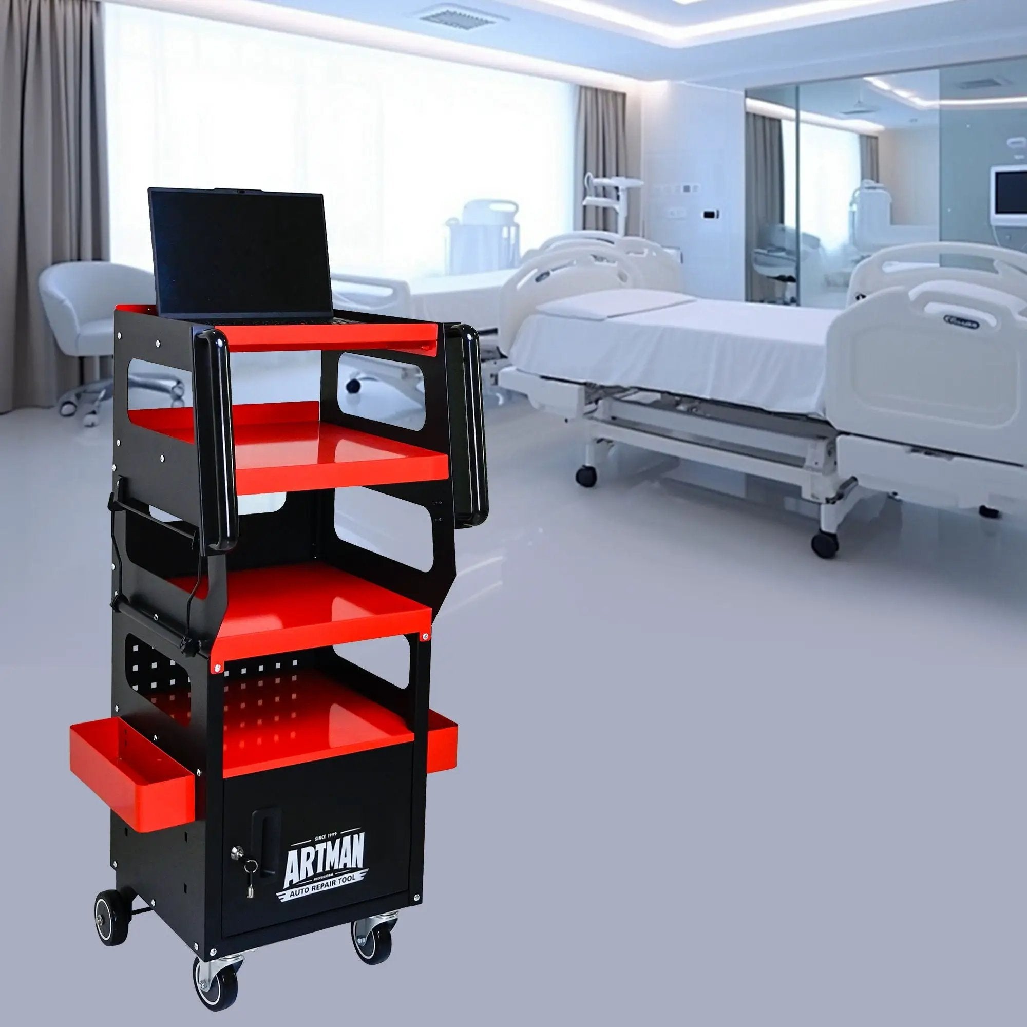 4 Level Multi Purpose Trolley For Diagnostics - Black / Red by HouseOfZazla