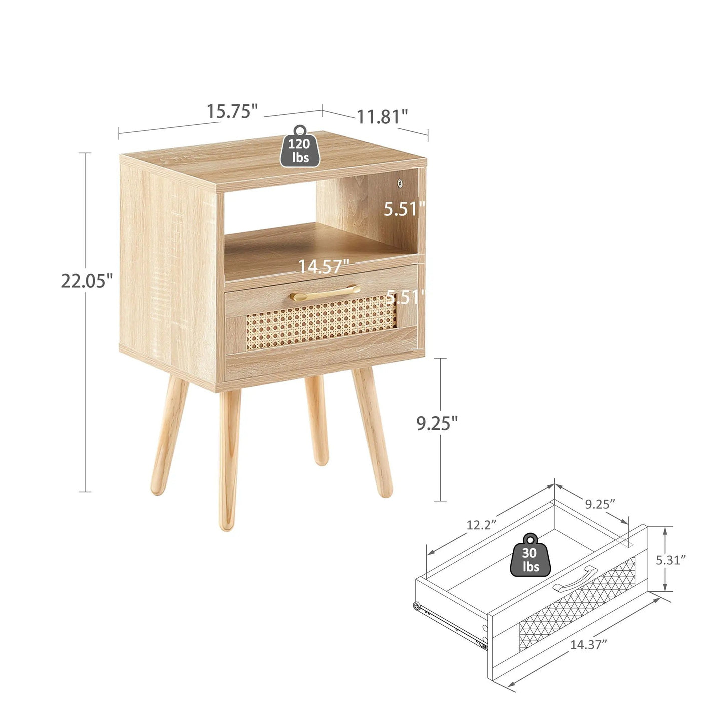 15.75" Rattan End Table With Drawer And Solid Wood Legs, Modern Nightstand, Side Table For Living Room, Bedroom by HouseOfZazla