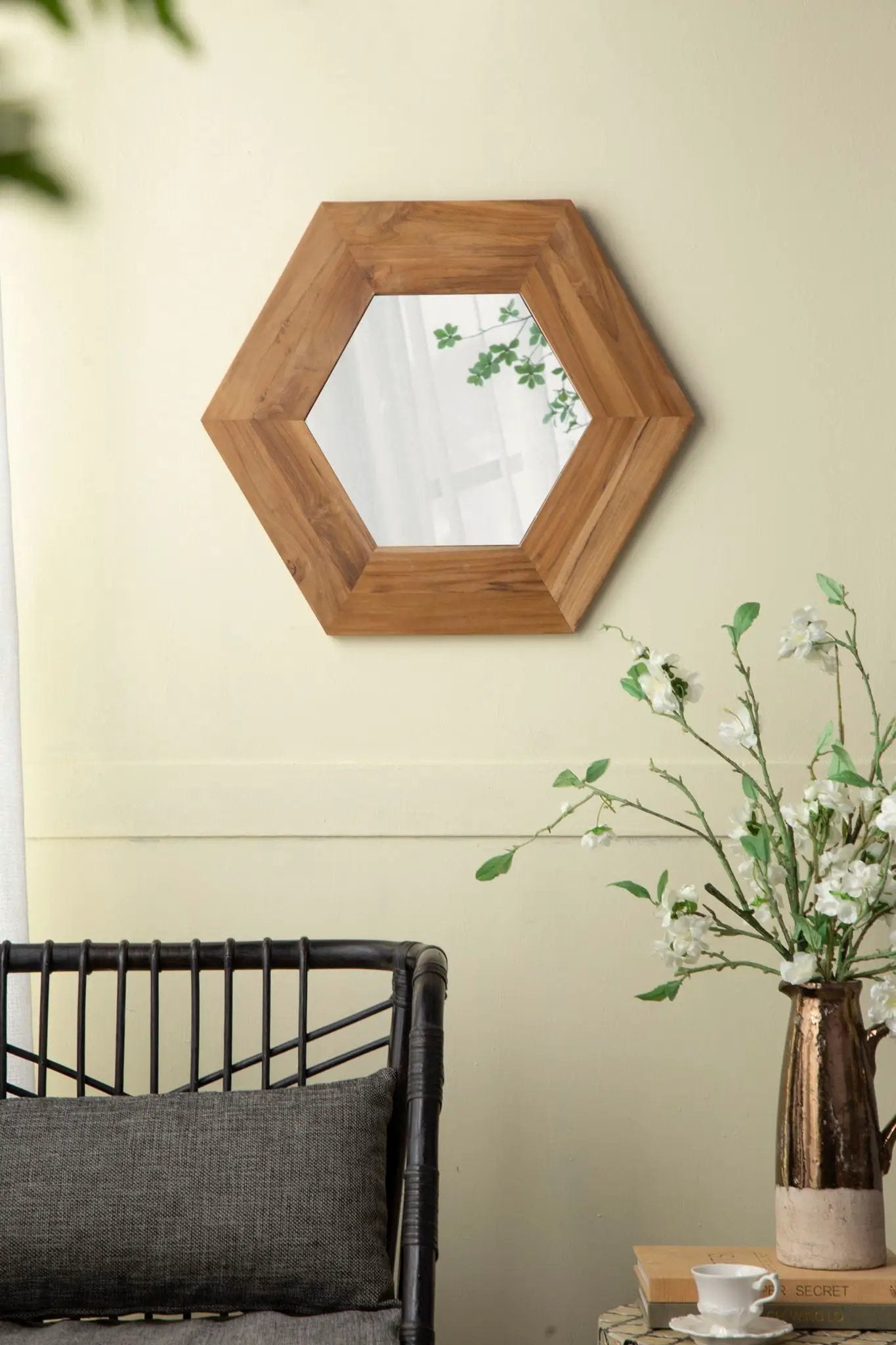 Hexagon Mirror With Natural Wood Frame, Wall Decor For Living Room Bathroom Hallway by Unique Piece Furniture