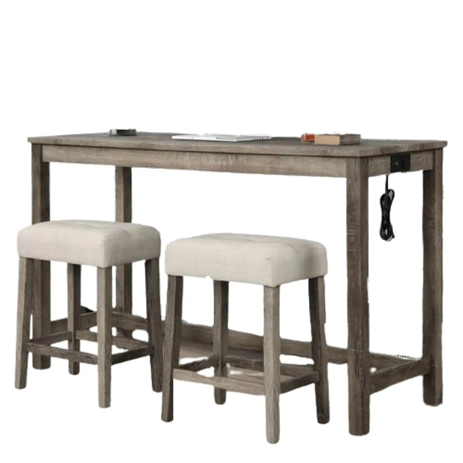 3 Piece Counter Bar Dining Set Table With Electric Outlet And 2 USB Ports, Tufted Upholstered Stools - Brown / Beige by Unique Piece Furniture