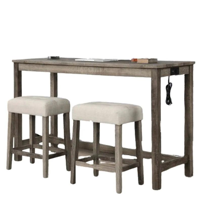 3 Piece Counter Bar Dining Set Table With Electric Outlet And 2 USB Ports, Tufted Upholstered Stools - Brown / Beige by HouseOfZazla