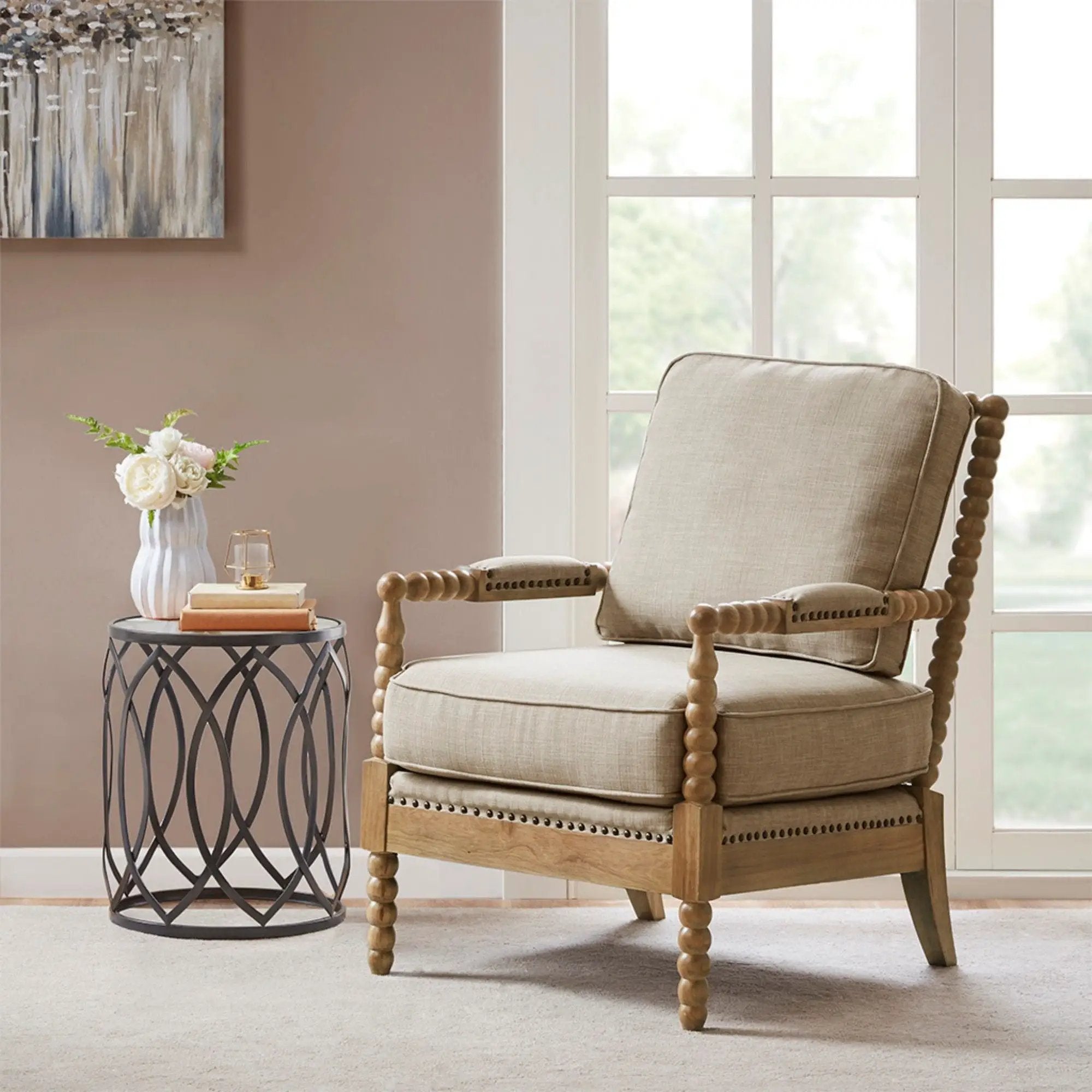 Arm Chair With Open Back Spindle Design, Padded Armrests by Unique Piece Furniture