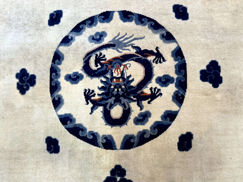 Chinese Dragon Peking Rug 8 x 11.6, Ivory and Blue, Chinese Wool Rug, Vintage by Jewel Rugs