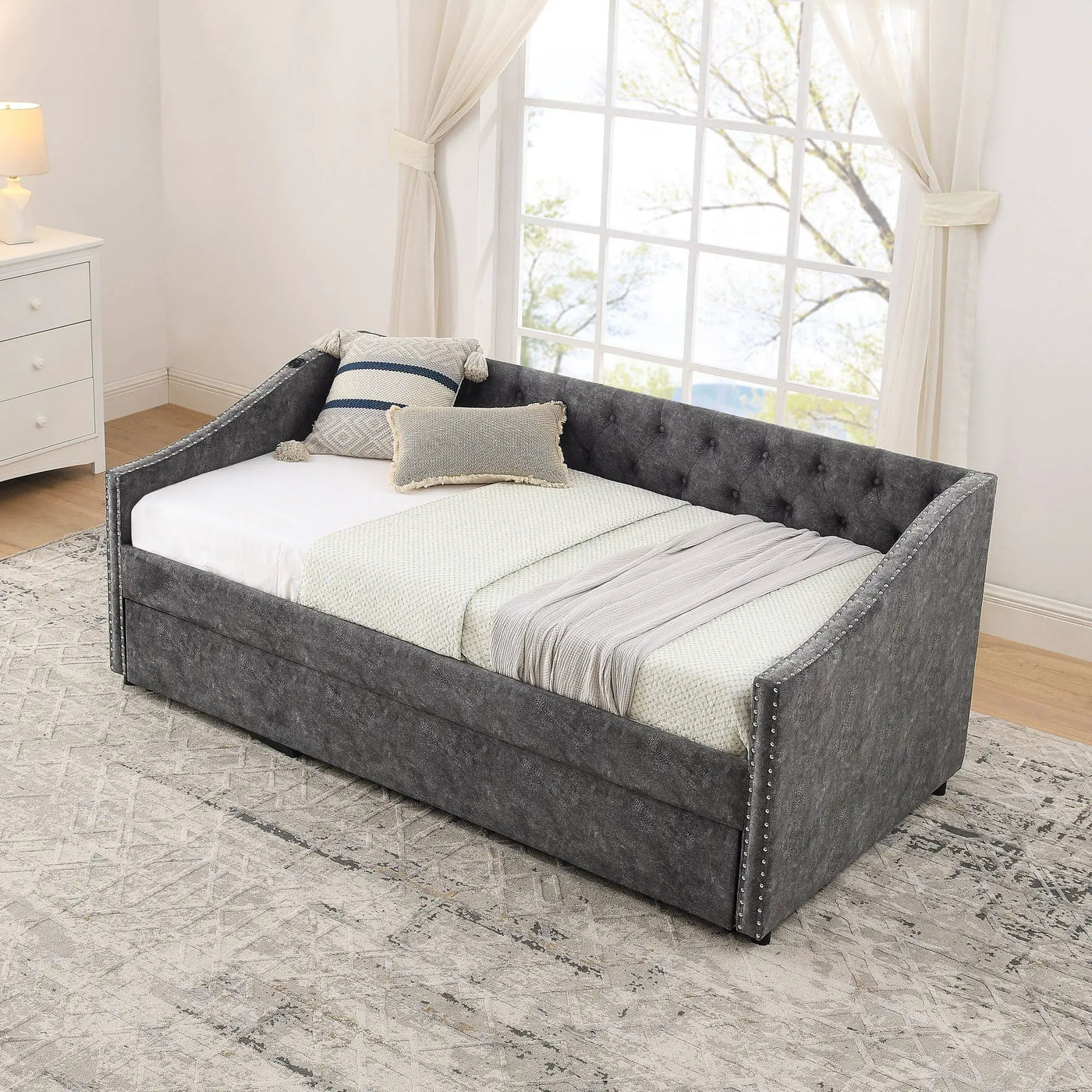 Upholstered Daybed With USB Charging & Pull Out Bed by HouseOfZazla