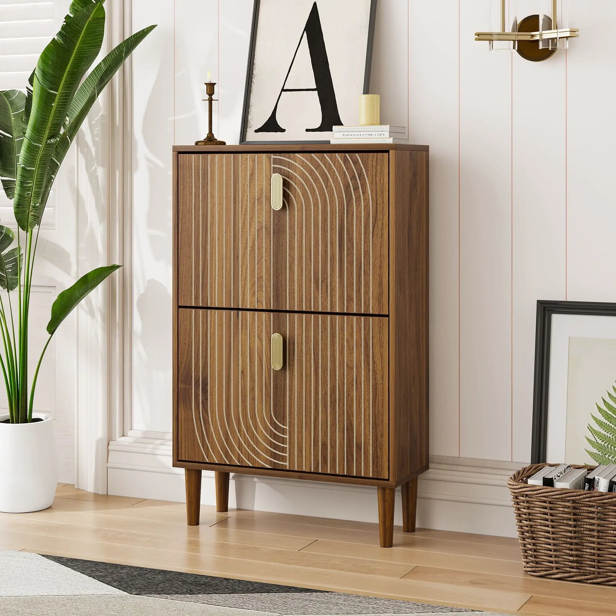 Modern Minimalist Shoe Storage Cabinet With 2 Flip Drawers And Metal Handles - Brown by Unique Piece Furniture
