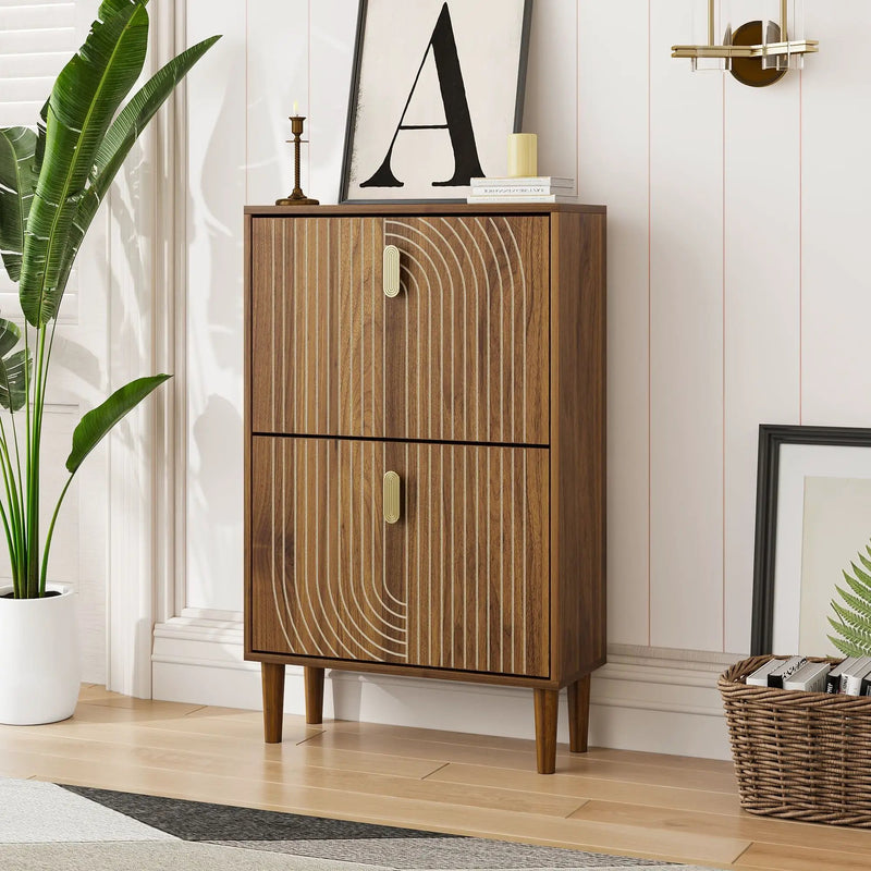 Modern Minimalist Shoe Storage Cabinet With 2 Flip Drawers And Metal Handles - Brown by Unique Piece Furniture