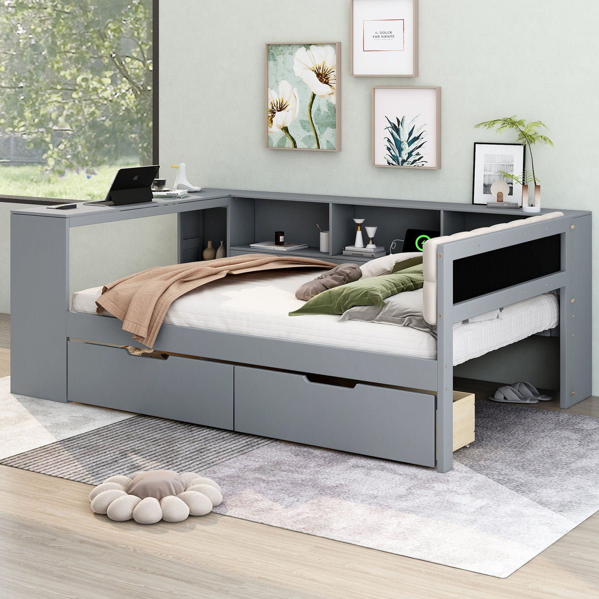 Upholstered Headboard Storage Bed with Shelves, Drawers, and Charging Station - Dark Gray or Beige, photo 14 of 40