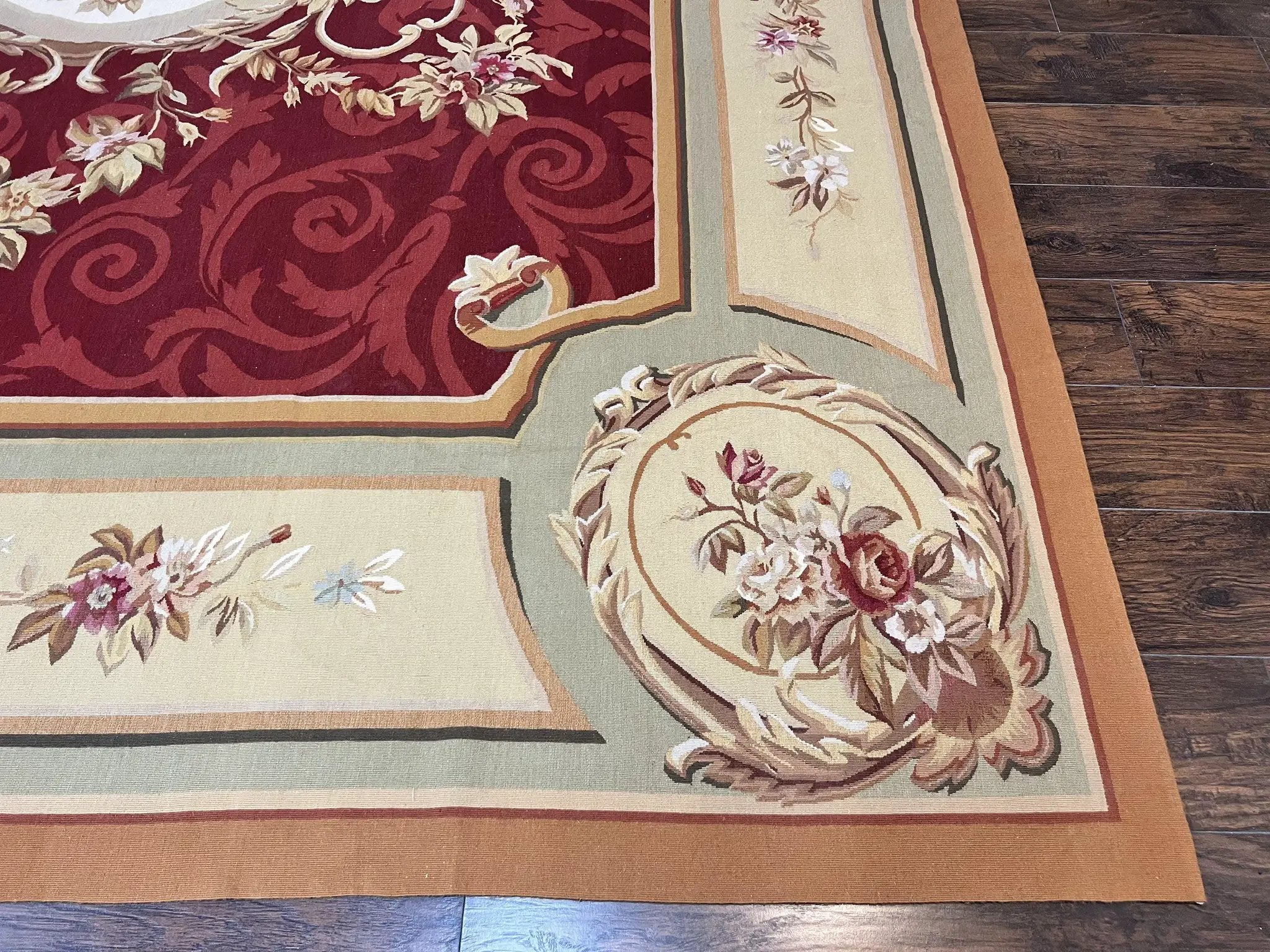 Large Aubusson Rug 10x14, Wool Handmade Vintage Carpet, Dark Red Ivory Tan, French European Elegant Aubusson Weave Rug by Jewel Rugs